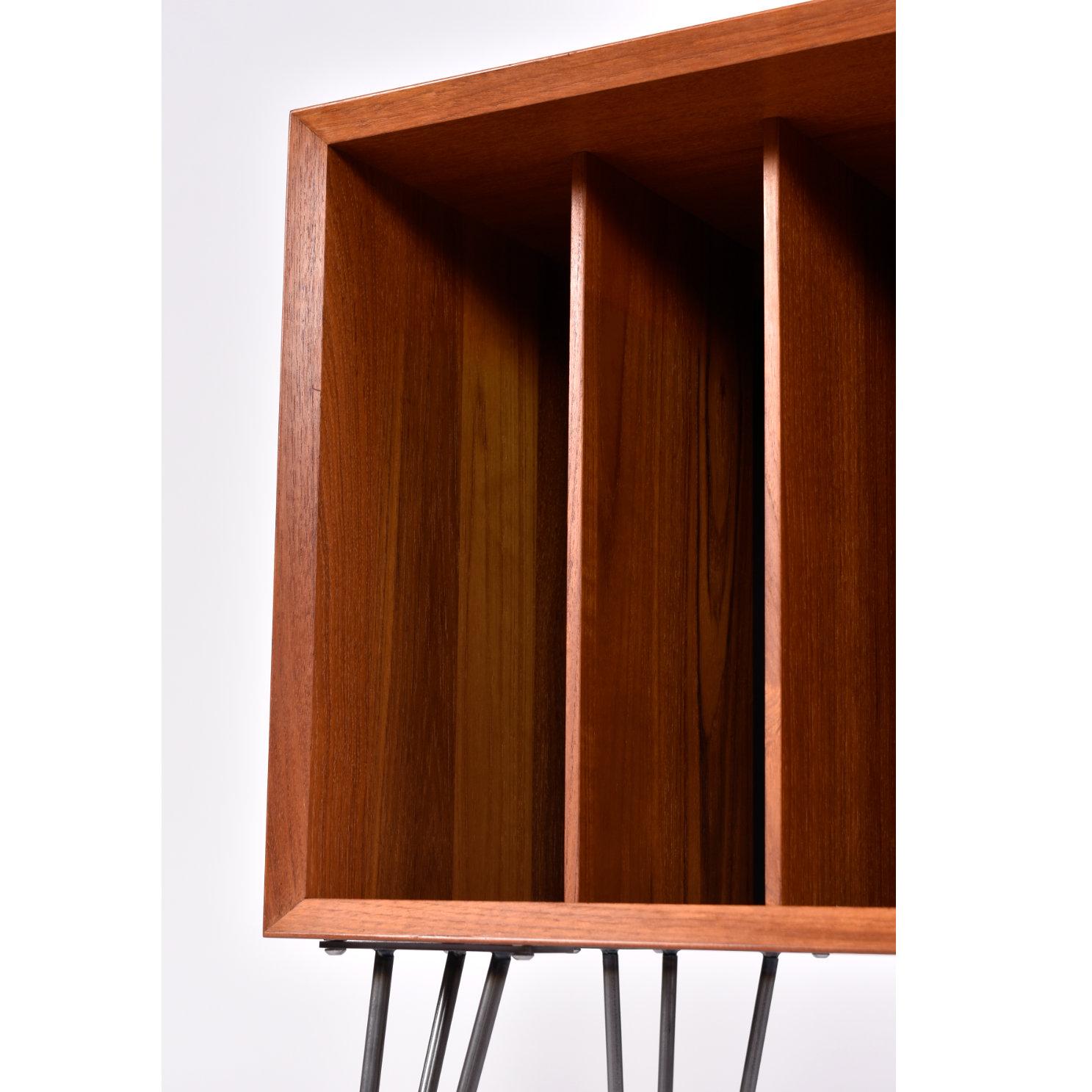 Wrought Iron Poul Cadovius Danish Teak Record Cabinet with Dividers on Hairpin Legs