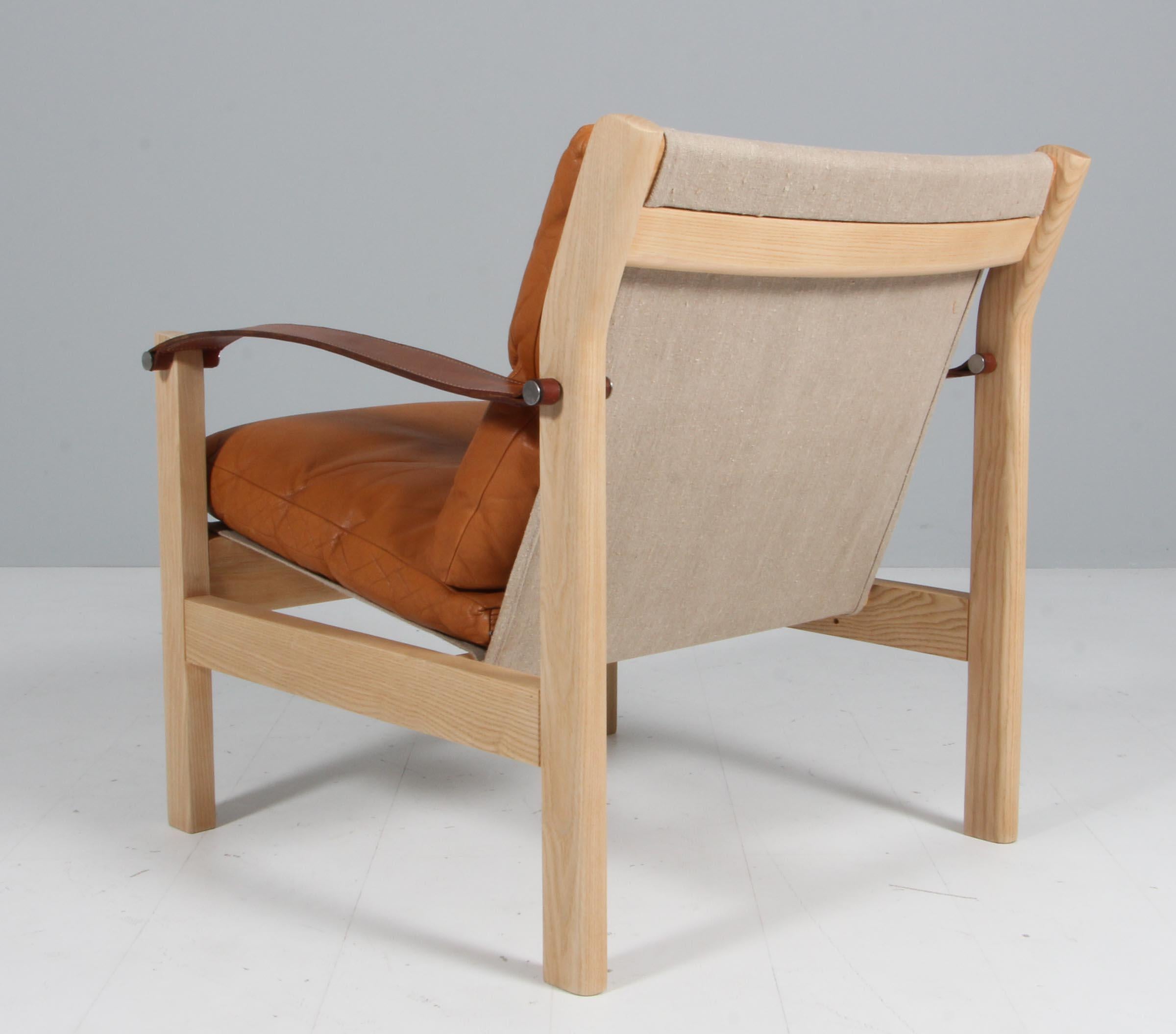 Poul Cadovius lounge chair of Ash, Aniline Leather, Canvas and Saddle Leather In Excellent Condition In Esbjerg, DK