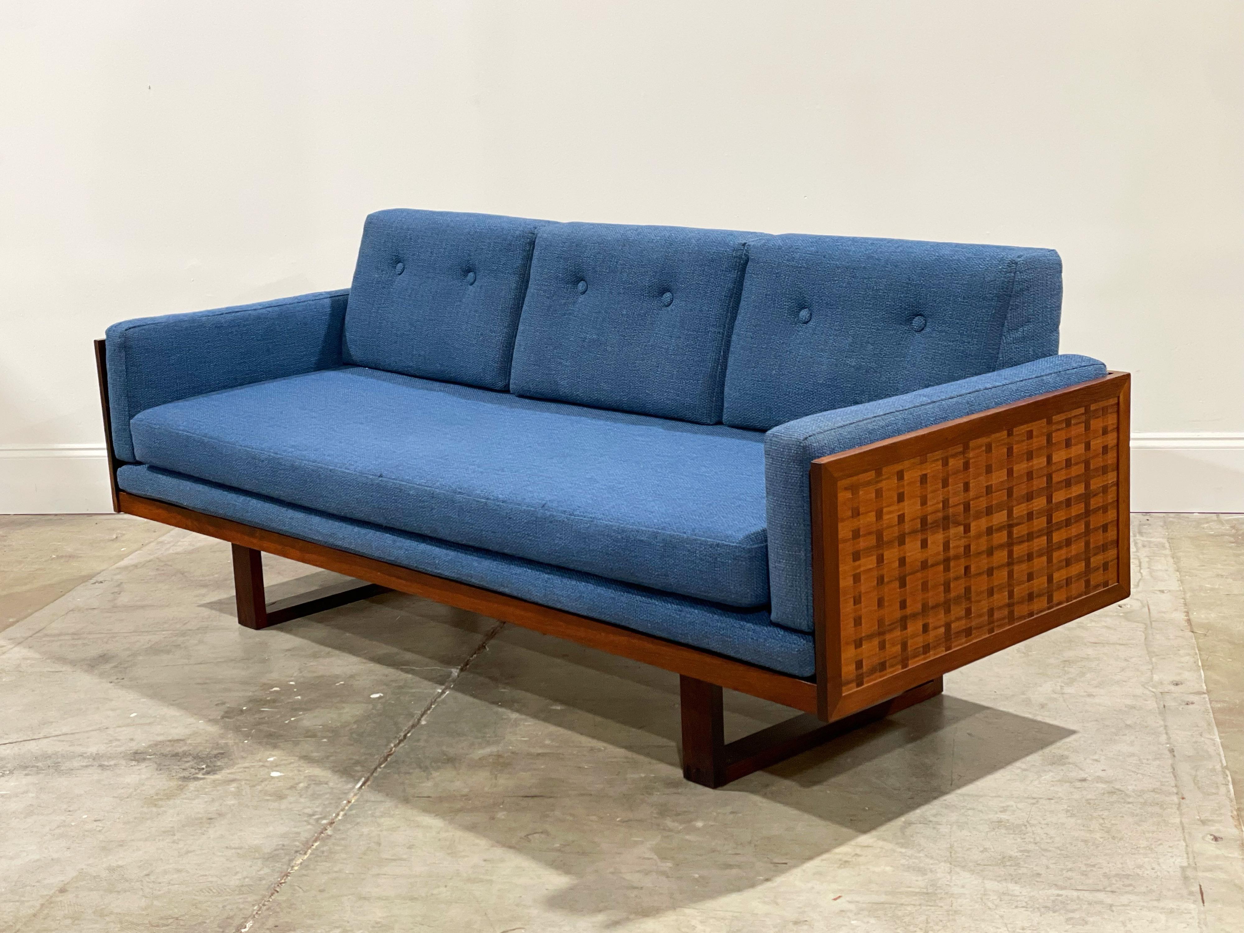 Rare basketweave sofa by Poul Cadovius for France and Son in rosewood and blue wool tweed. Exceptional craftsmanship and exquisite design. These don't come to market stateside very often - this particular example is the only 3 seat version for sale