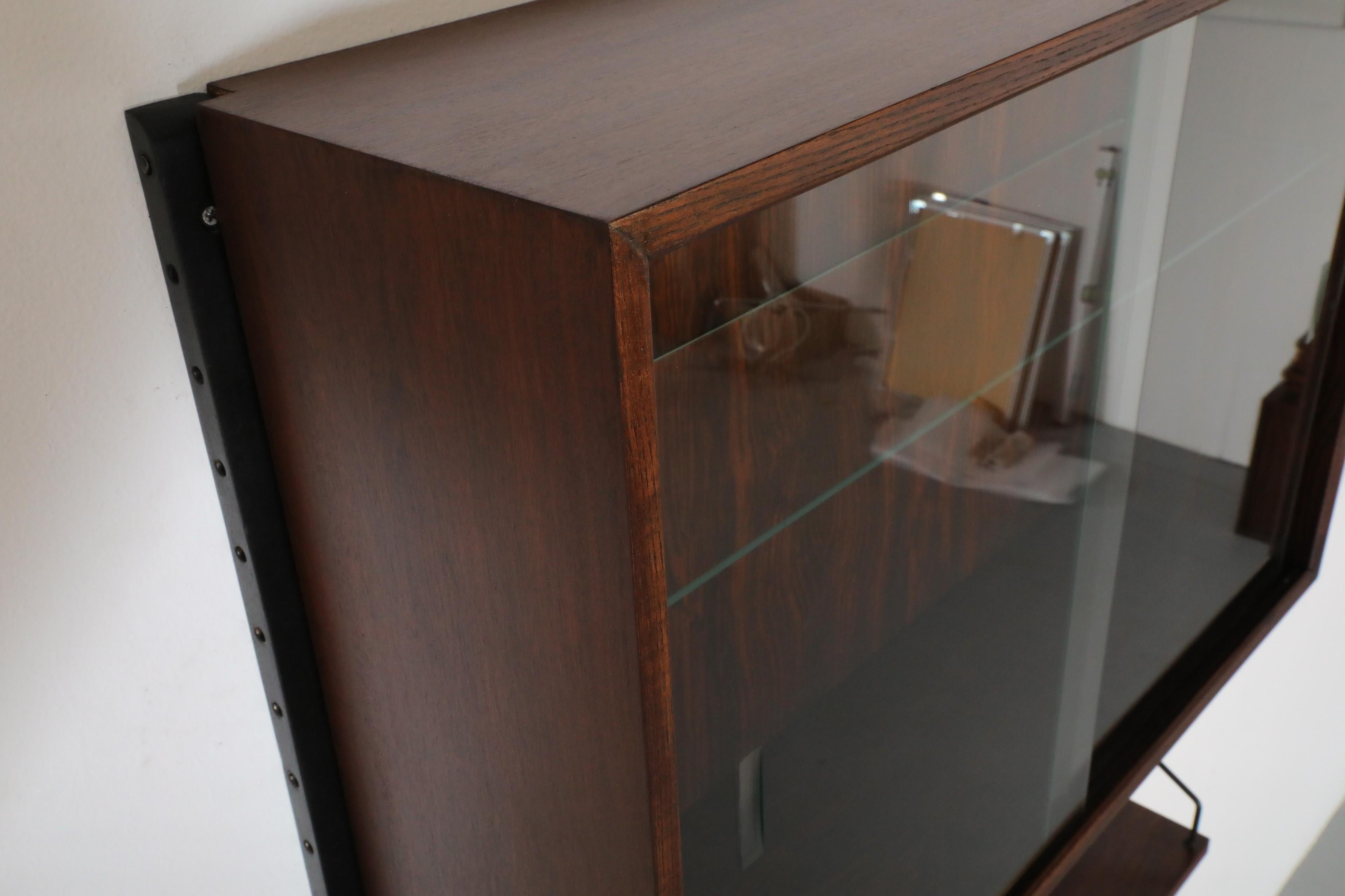 Poul Cadovius Royal Rosewood Wall Mount Sliding Glass Front Cabinet and Shelving For Sale 9