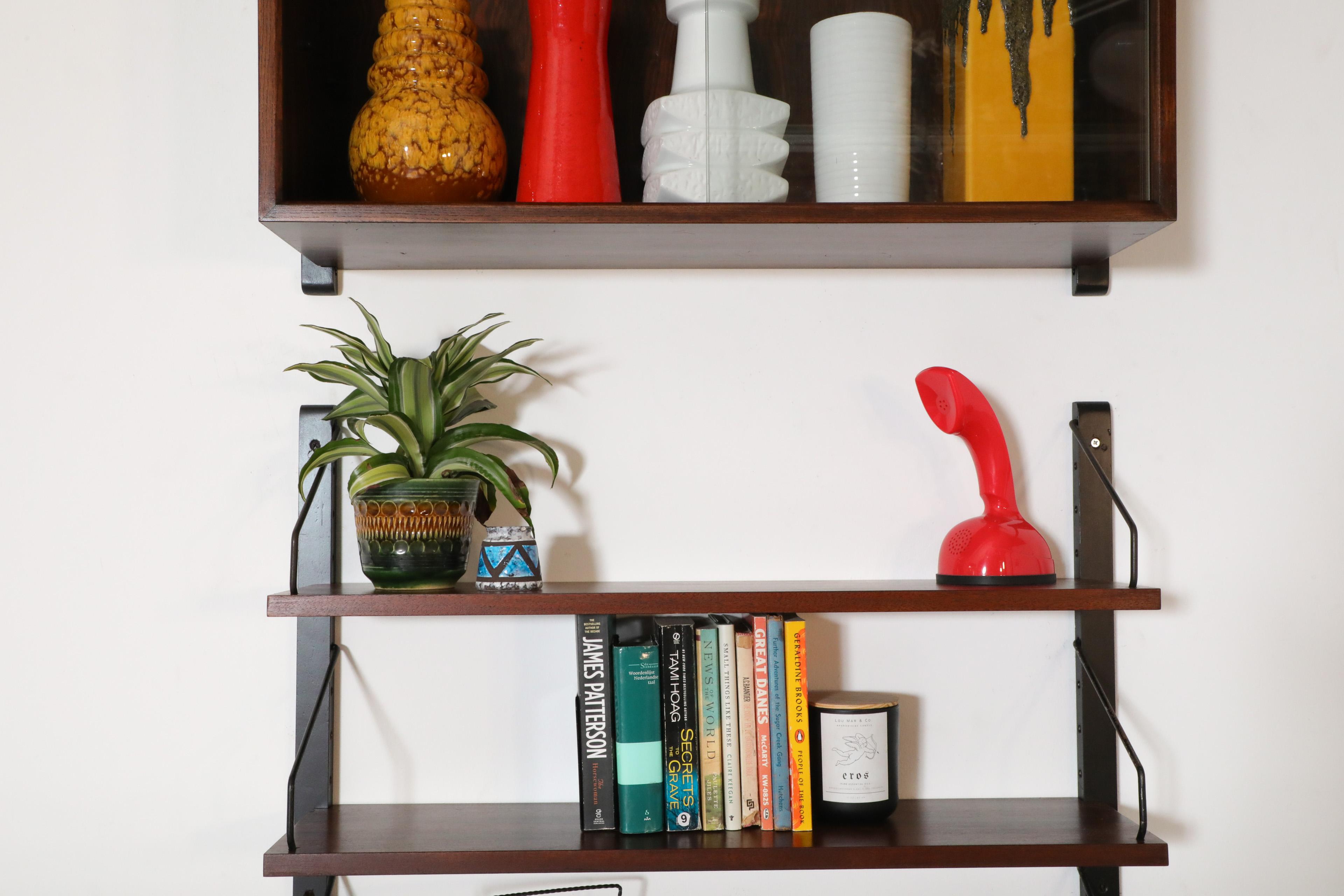 Dutch Poul Cadovius Royal Rosewood Wall Mount Sliding Glass Front Cabinet and Shelving