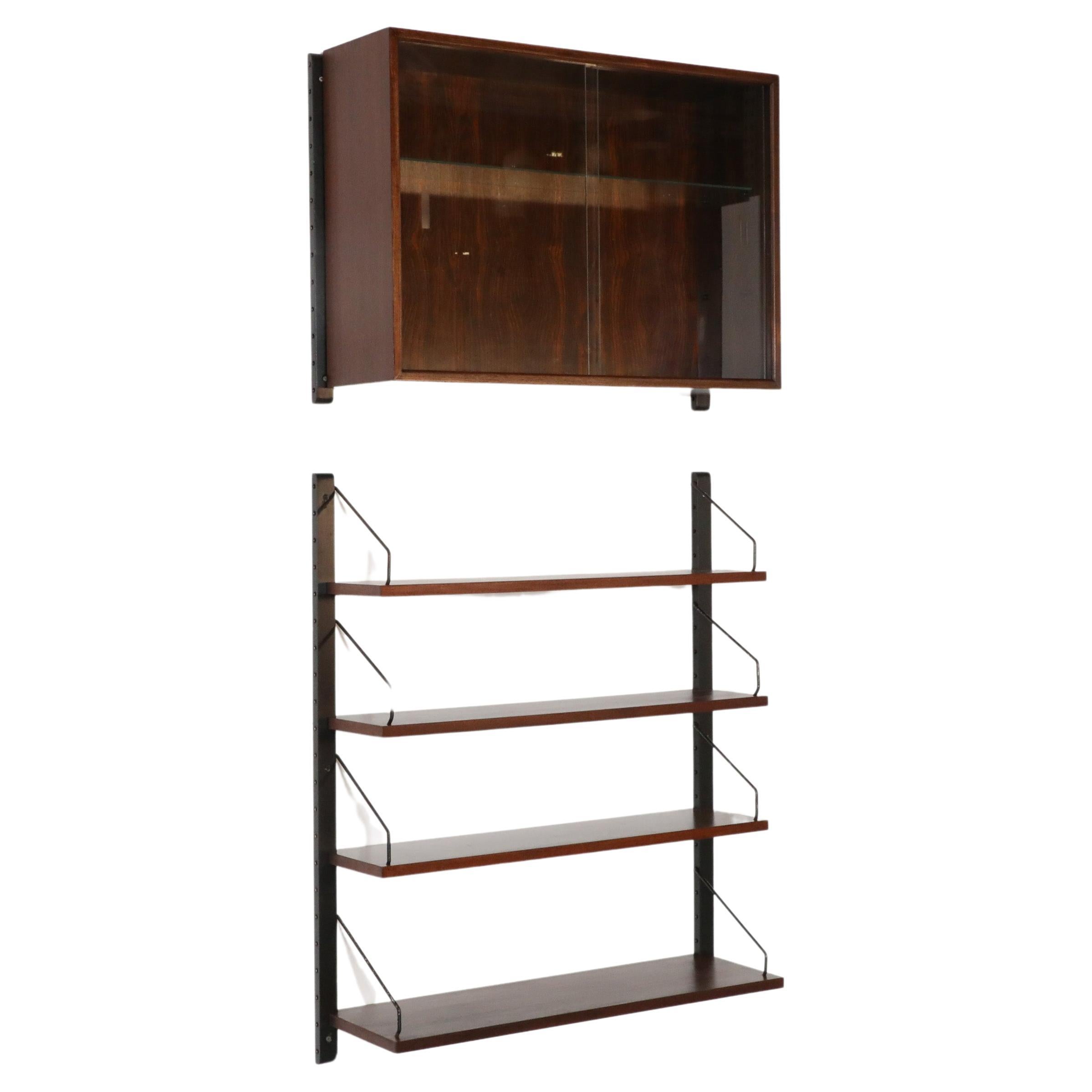 Poul Cadovius Royal Rosewood Wall Mount Sliding Glass Front Cabinet and Shelving For Sale