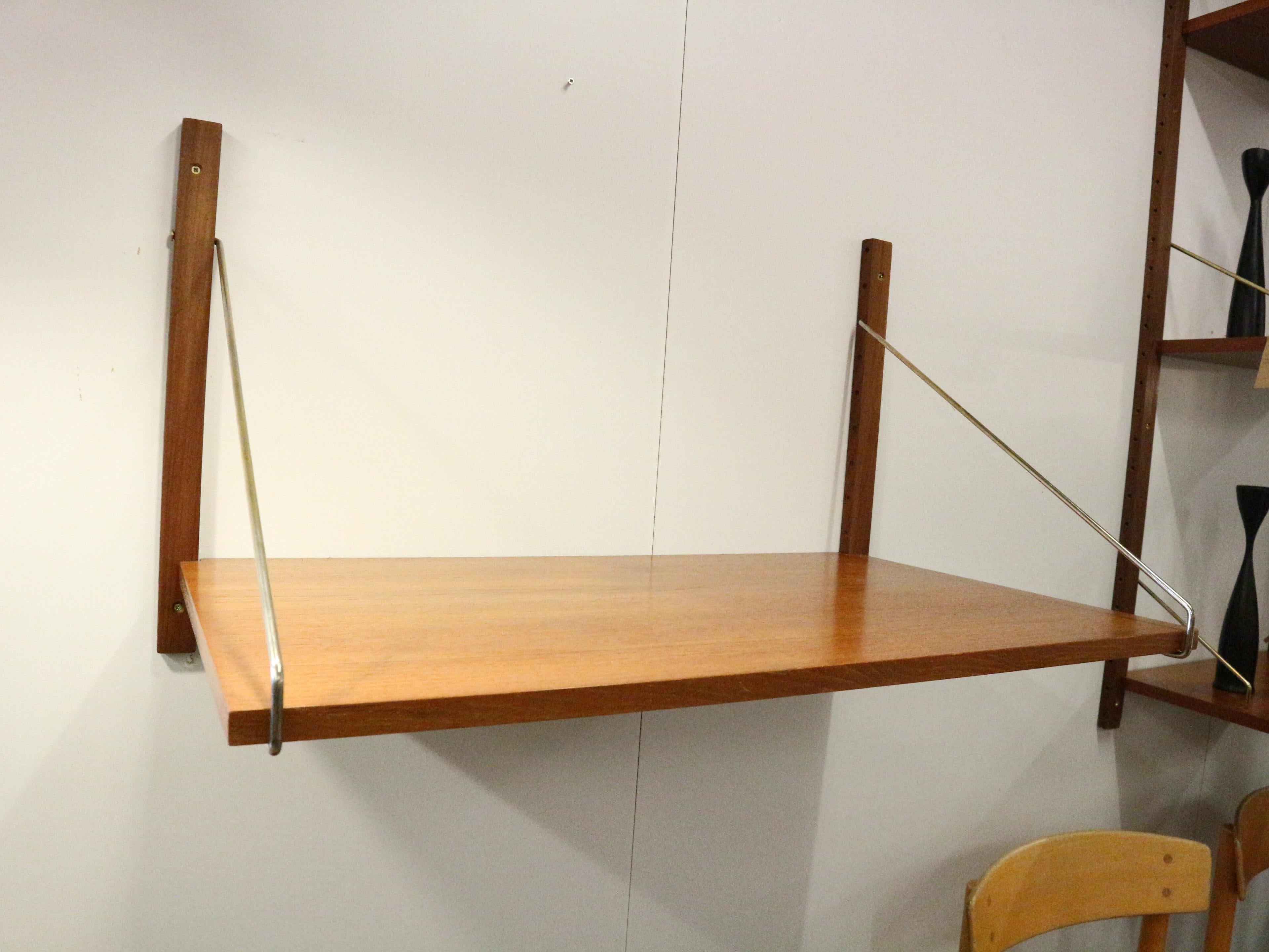 Scandinavian Modern Poul Cadovius 'Royal System' teak desk shelf and brass brackets, 1960s Denmark For Sale