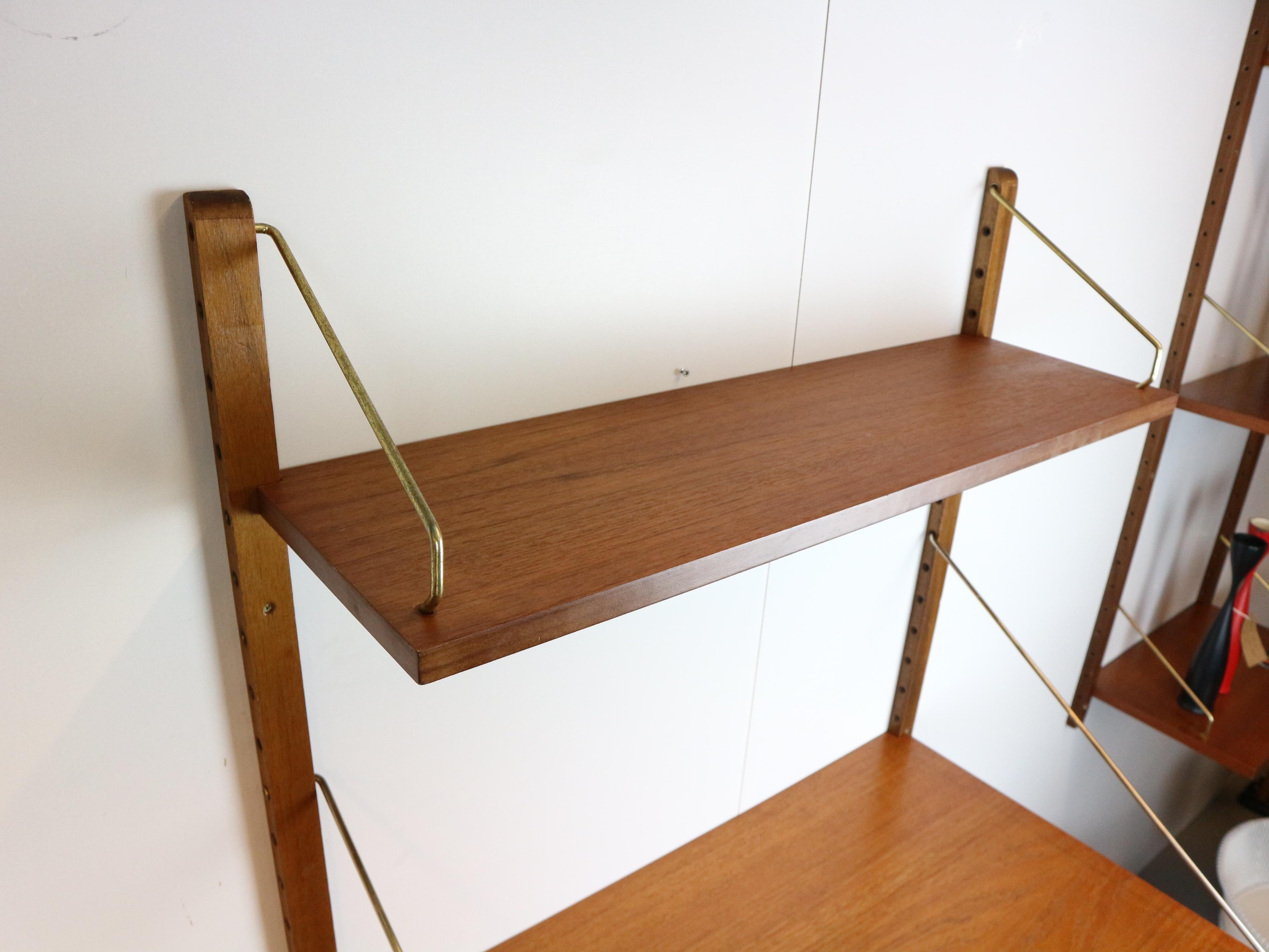 Danish Poul Cadovius 'Royal System' teak desk shelf and brass brackets, 1960s Denmark
