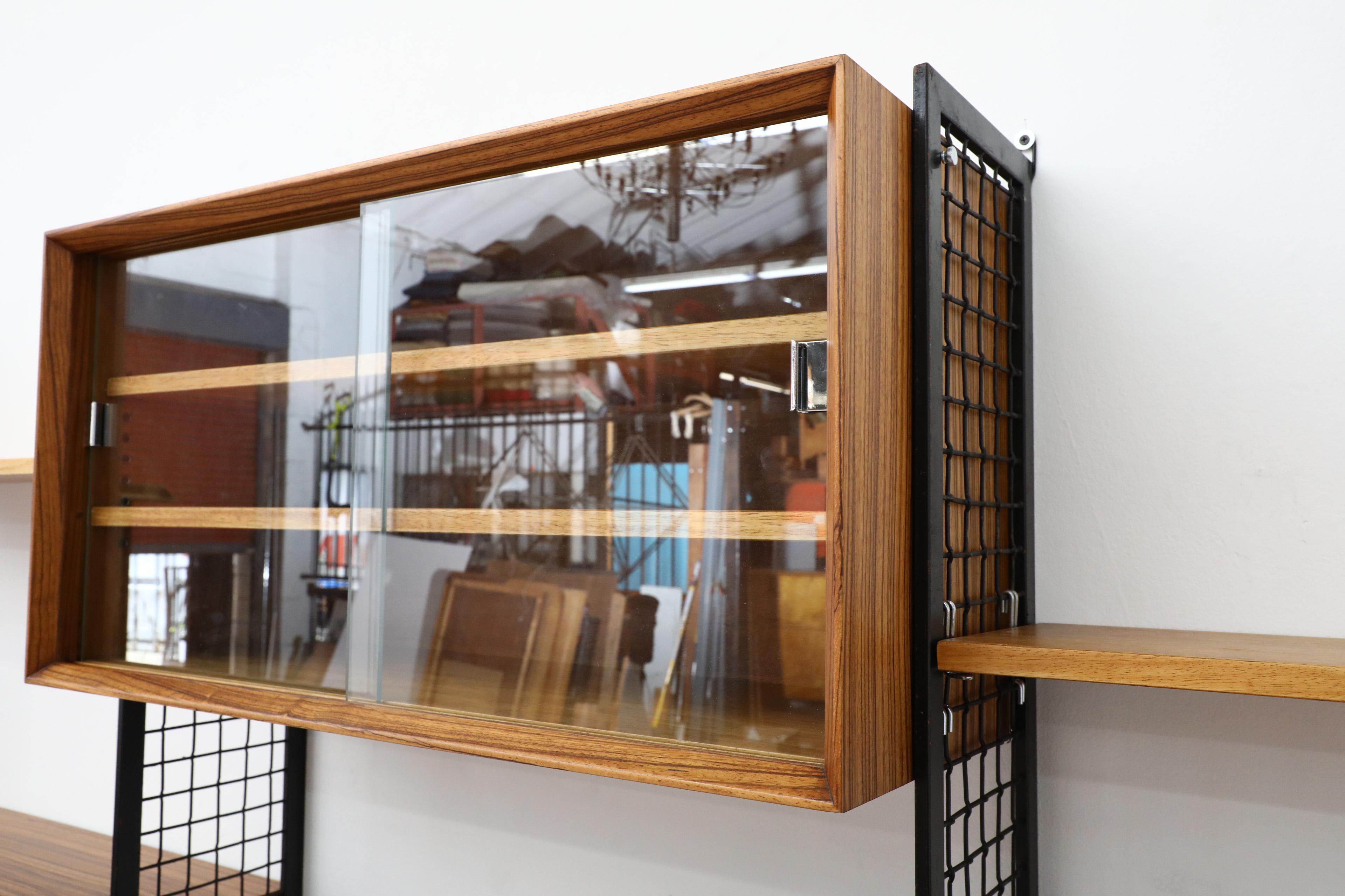 Poul Cadovius Style Mixed Wood Wall Unit with Black Enameled Metal Grid Risers 4