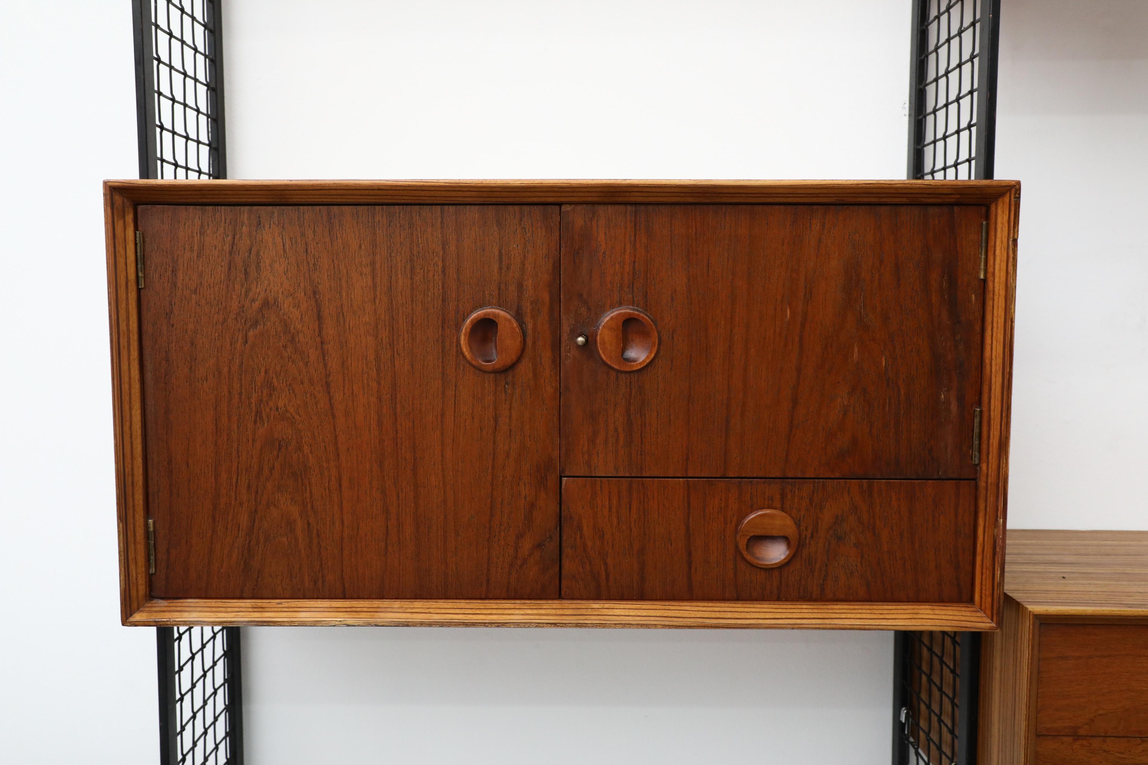 Poul Cadovius Style Mixed Wood Wall Unit with Black Enameled Metal Grid Risers 9