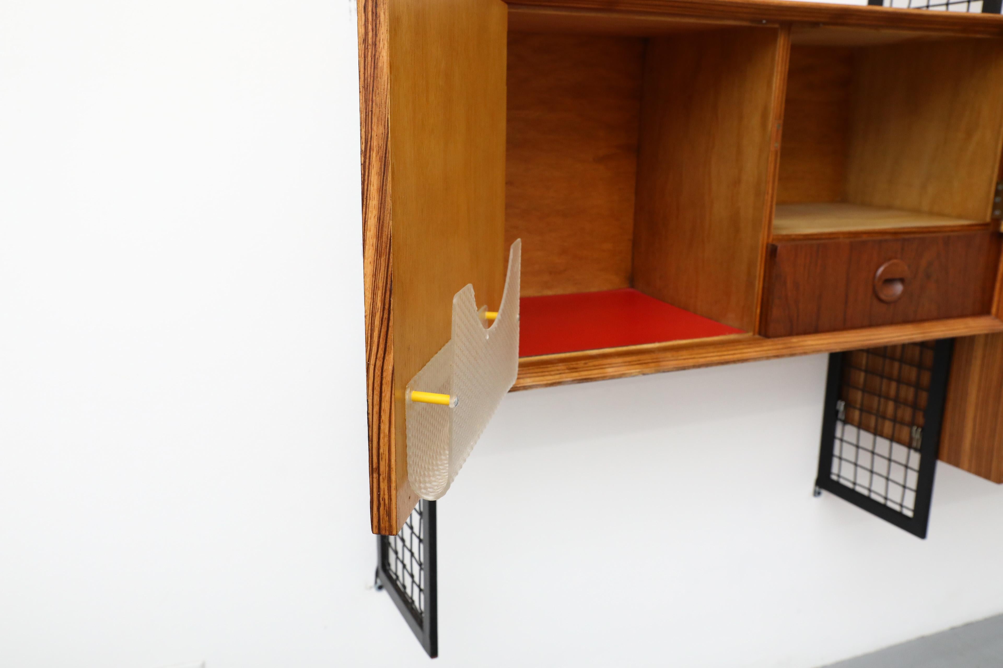 Poul Cadovius Style Mixed Wood Wall Unit with Black Enameled Metal Grid Risers 11
