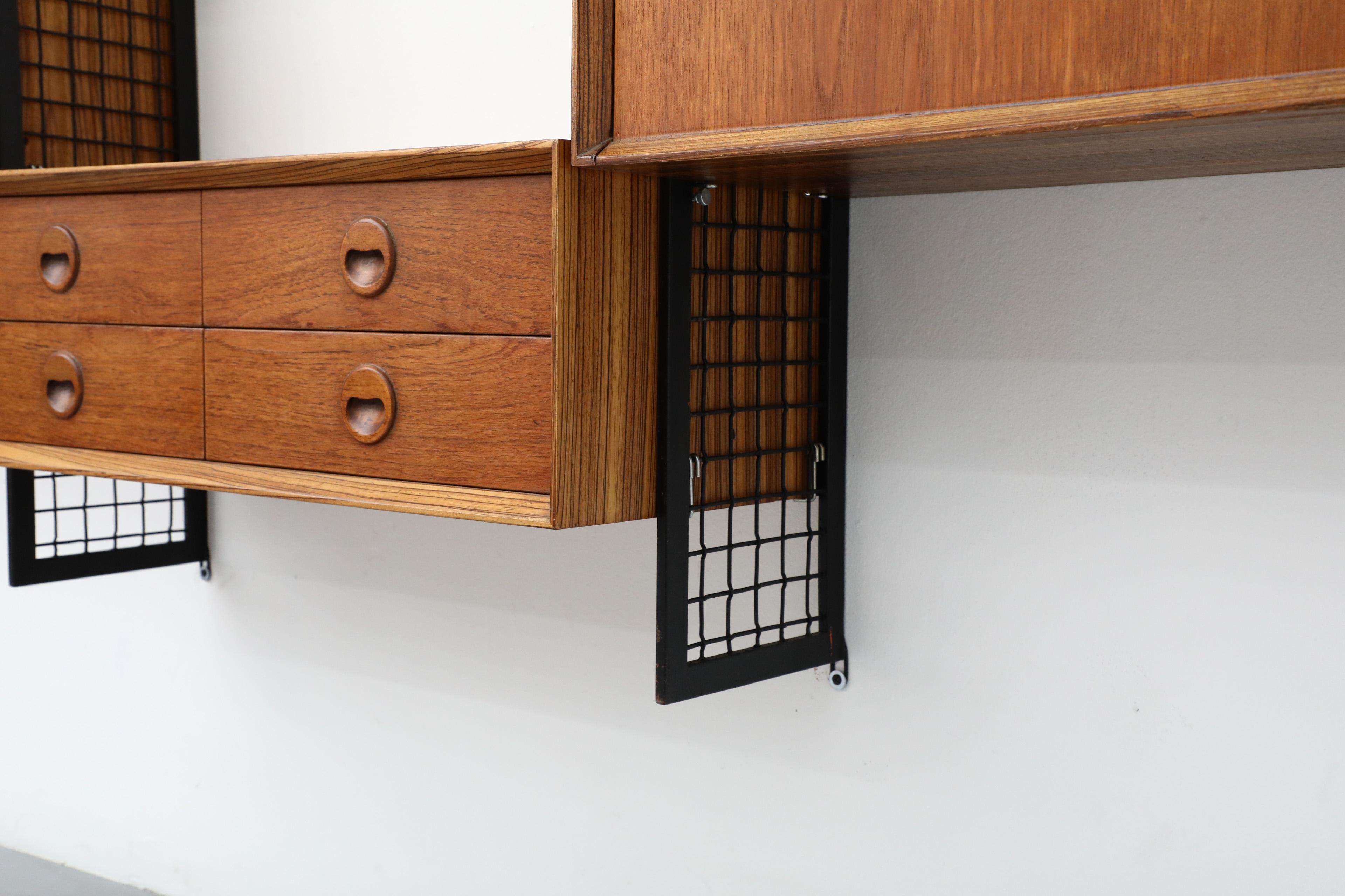 Poul Cadovius Style Mixed Wood Wall Unit with Black Enameled Metal Grid Risers 14