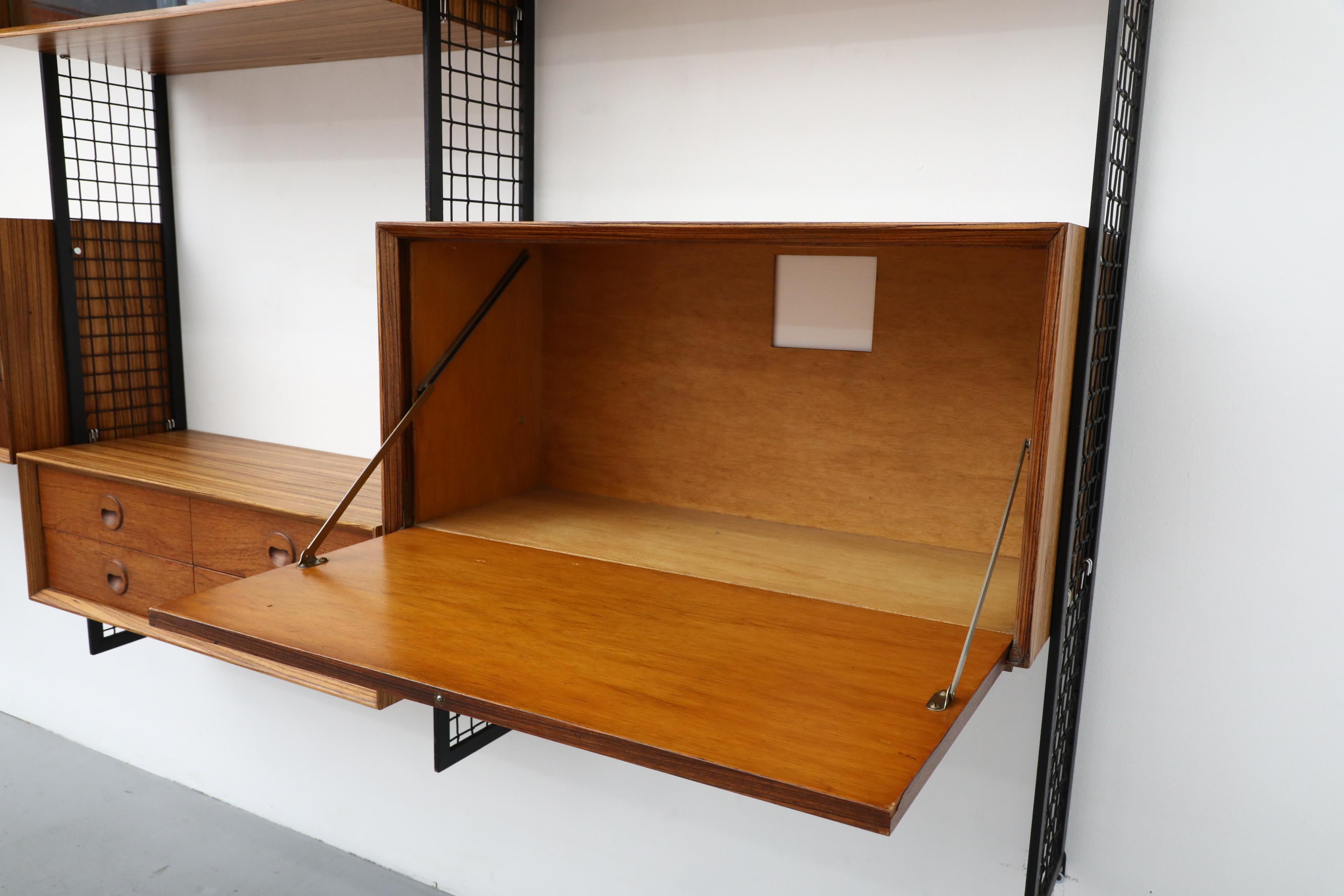 Poul Cadovius Style Mixed Wood Wall Unit with Black Enameled Metal Grid Risers 2