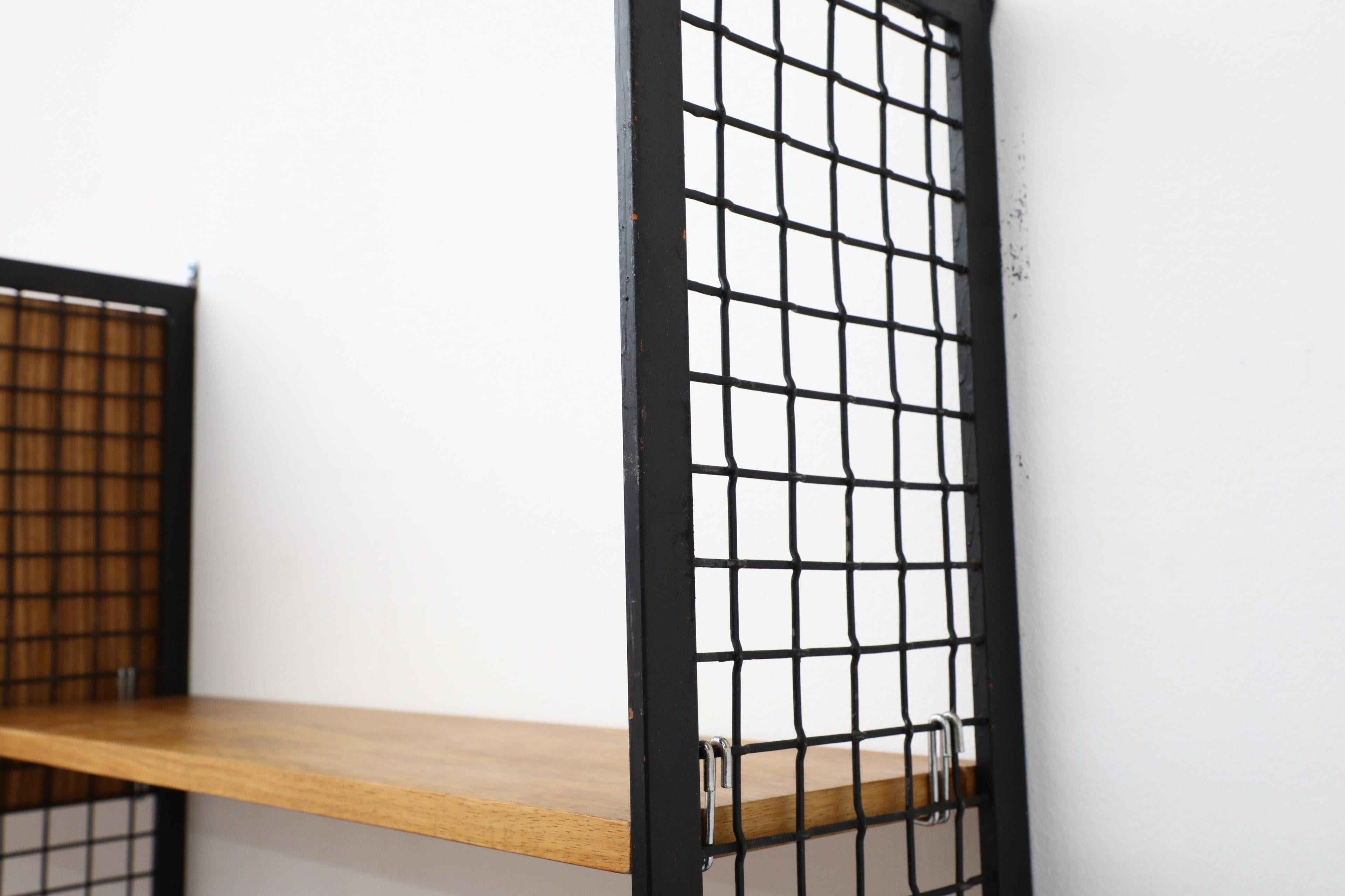 Poul Cadovius Style Mixed Wood Wall Unit with Black Enameled Metal Grid Risers 3