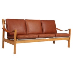 Poul Cadovius Three Seat Sofa of Ash, Aniline Leather, Canvas and Saddle Leather