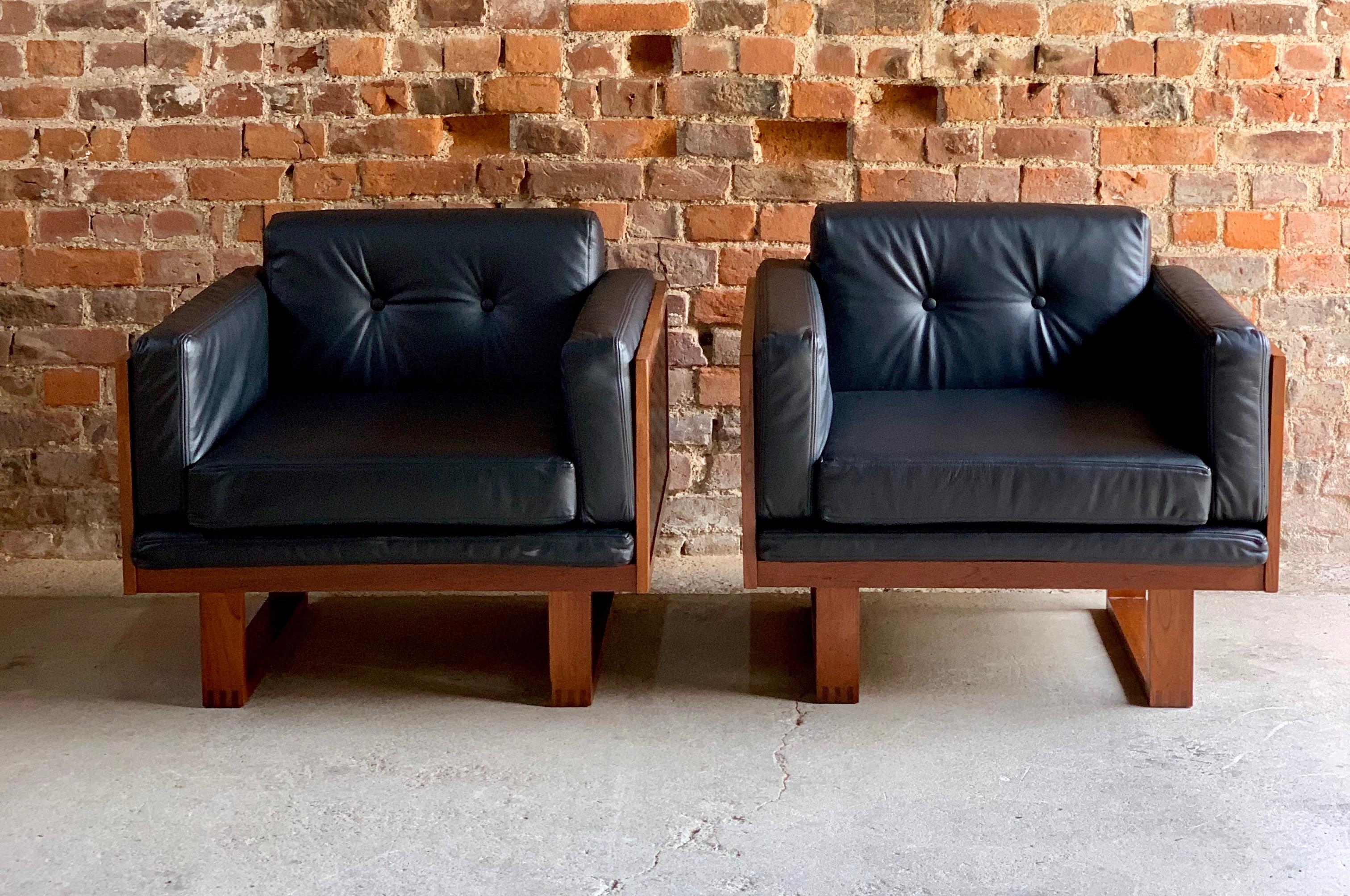 Poul Cadovius Woven Teak Black Leather Armchairs Pair by France & Son circa 1960 5