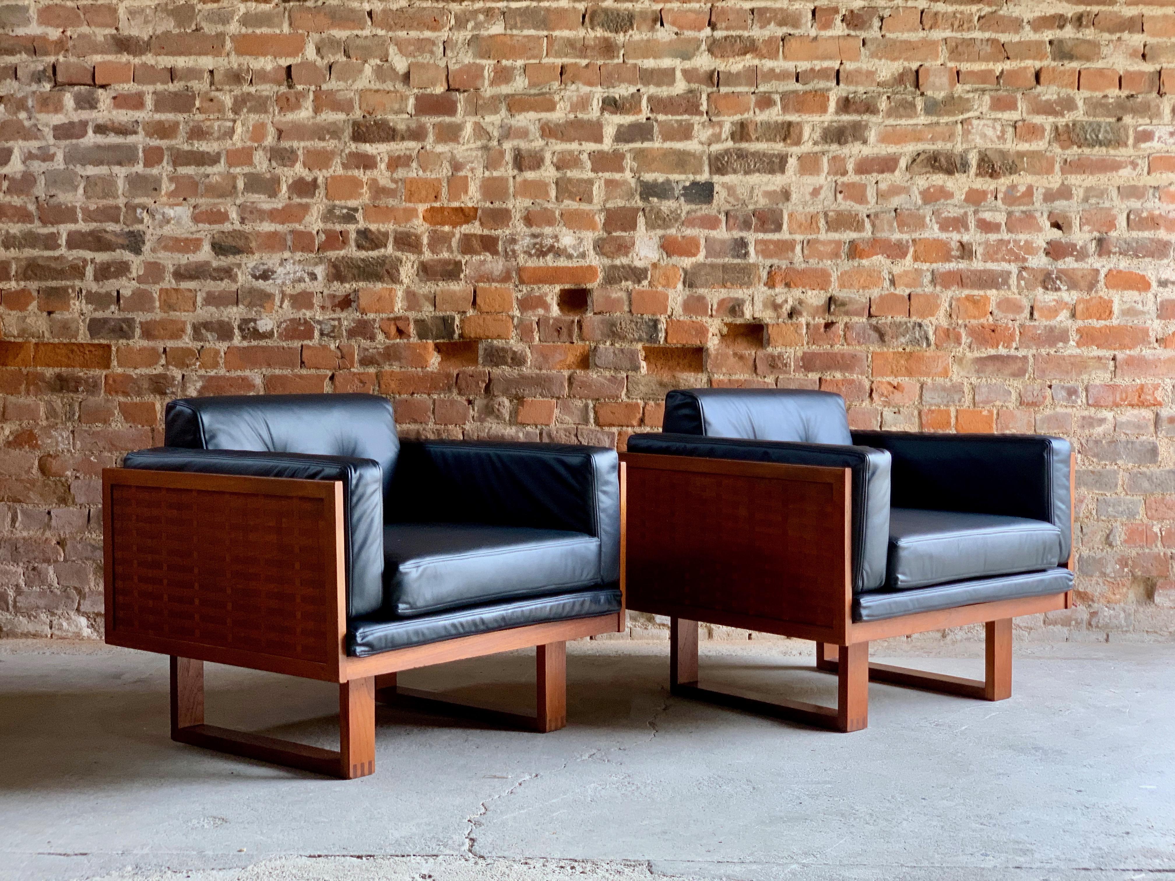 Mid-Century Modern Poul Cadovius Woven Teak Black Leather Armchairs Pair by France & Son circa 1960