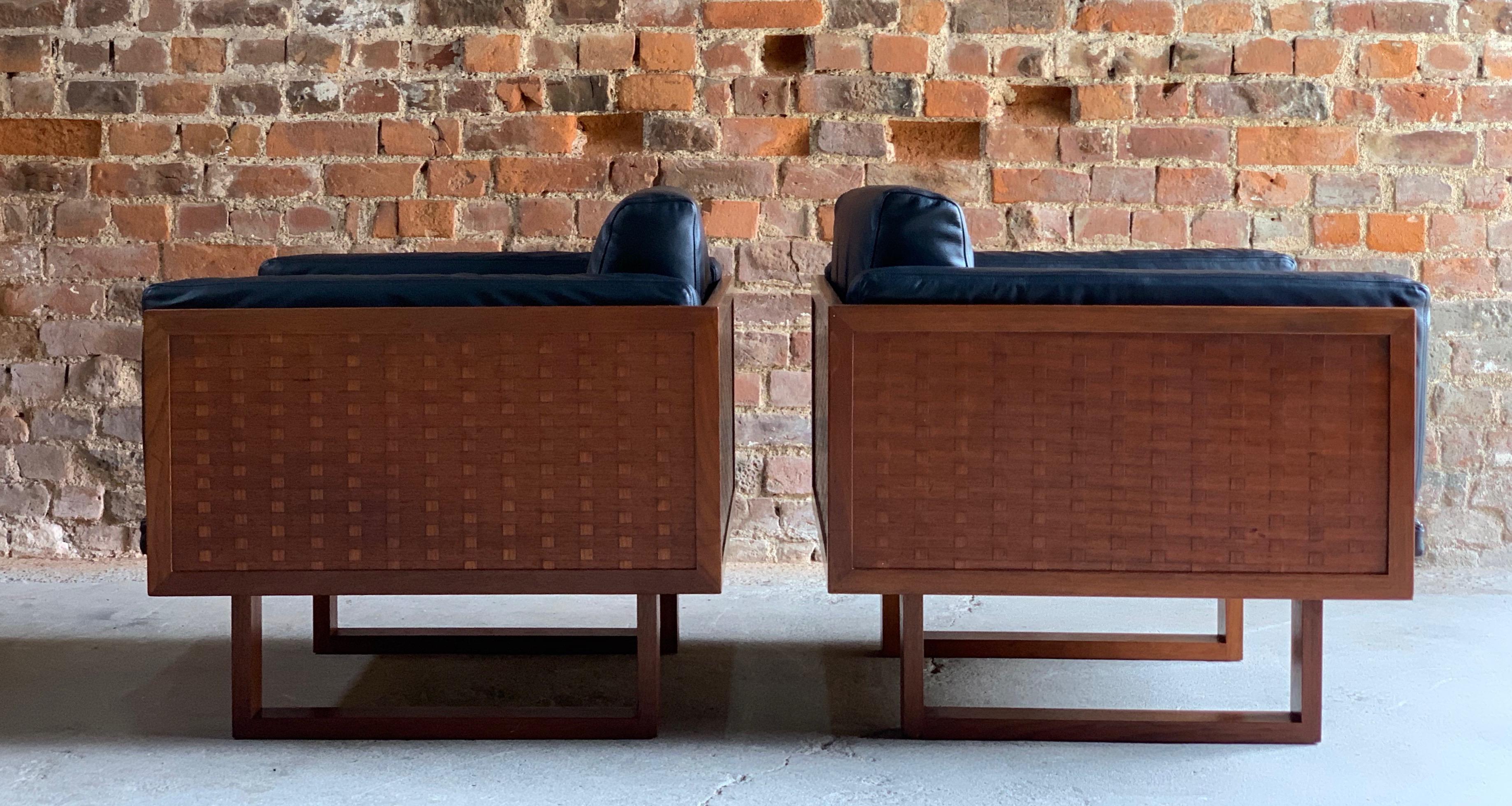 Poul Cadovius Woven Teak Black Leather Armchairs Pair by France & Son circa 1960 In Excellent Condition In Longdon, Tewkesbury