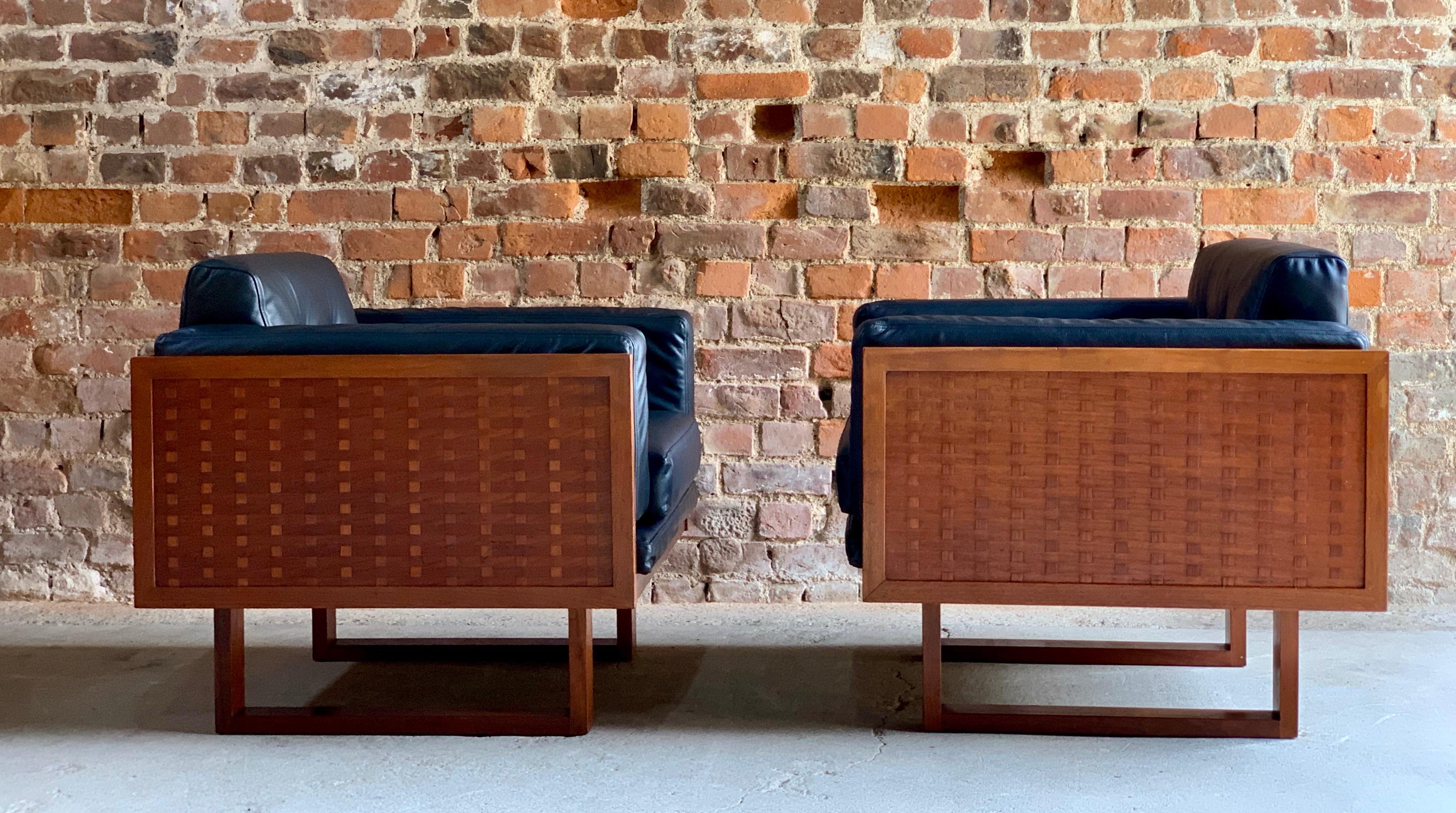 Poul Cadovius Woven Teak Black Leather Armchairs Pair by France & Son circa 1960 1