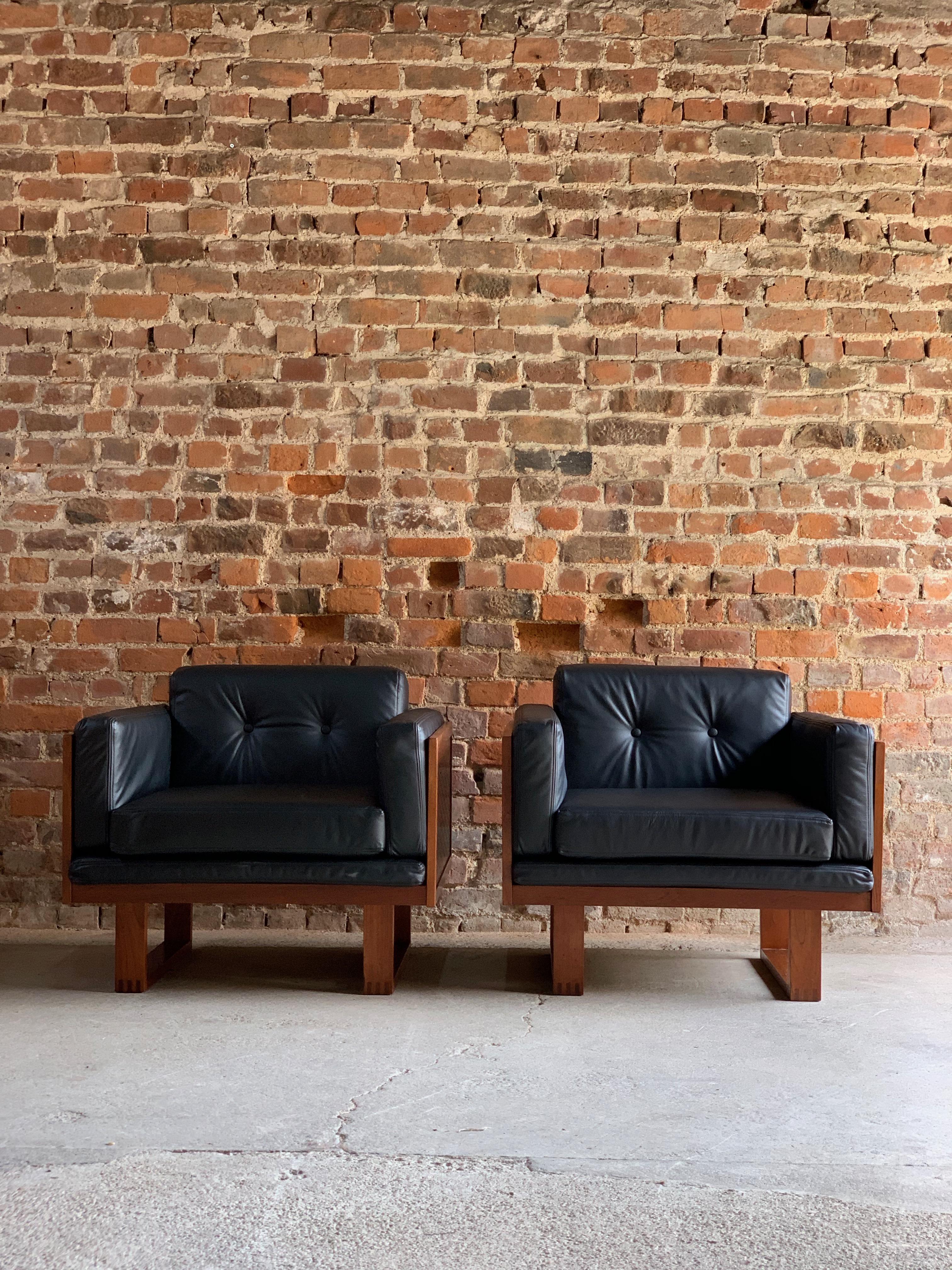 Poul Cadovius Woven Teak Black Leather Armchairs Pair by France & Son circa 1960 3