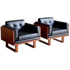 Poul Cadovius Woven Teak Black Leather Armchairs Pair by France & Son circa 1960