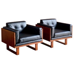 Poul Cadovius Woven Teak Black Leather Armchairs Pair by France & Son circa 1960
