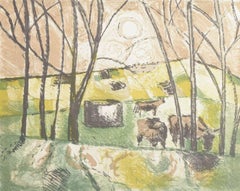 Poul Ekelund. Color lithograph on paper. Cows in a landscape, 1972.
