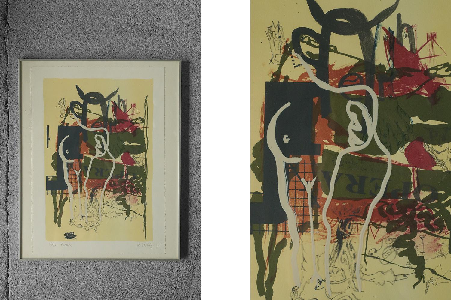 Paul Esting, Carmen
Color lithography
Number 21/36
Work with signature and individual number and title (pencil)
Work dimensions 50/40
Framed work

Poul Esting is a Danish artist born in 1943. His works are dynamic, often in surprising tones.