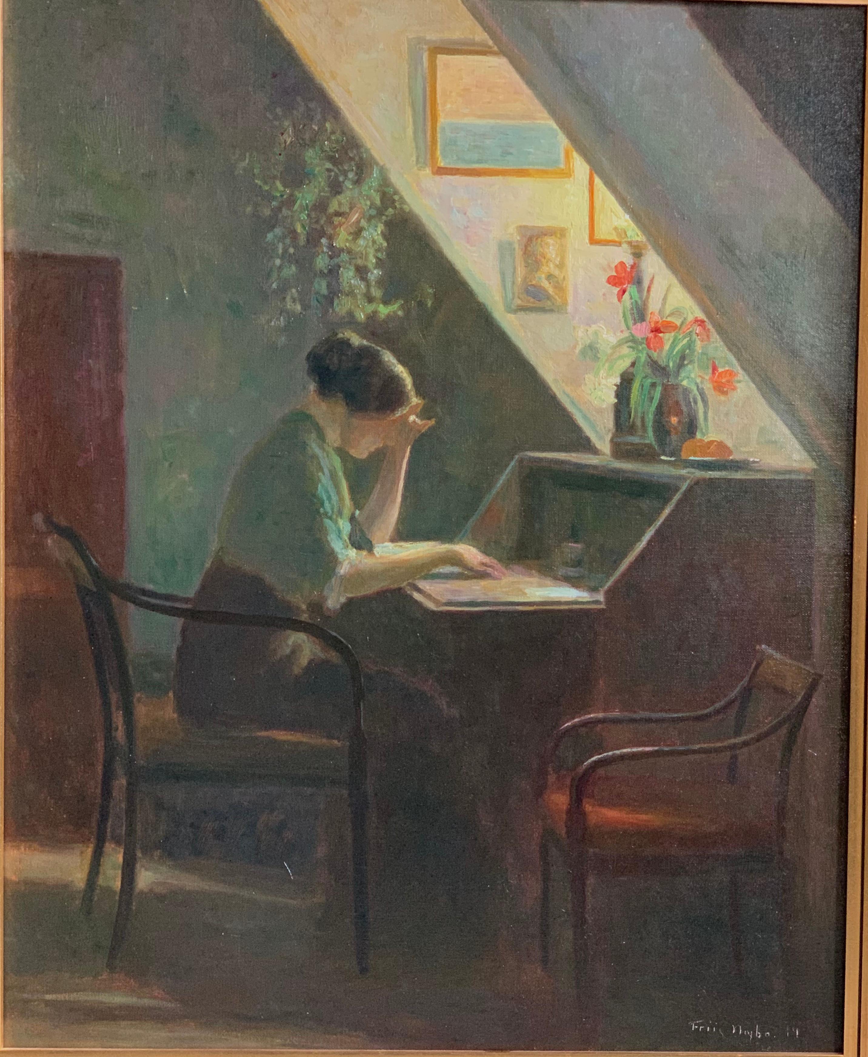 Danish interior « Lady Reading in an Attic », Oil,  Friis Nybo,  1914.Danish Sc. - Painting by Poul Friis Nybo