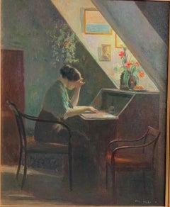 Danish interior « Lady Reading in an Attic », Oil,  Friis Nybo,  1914.Danish Sc.