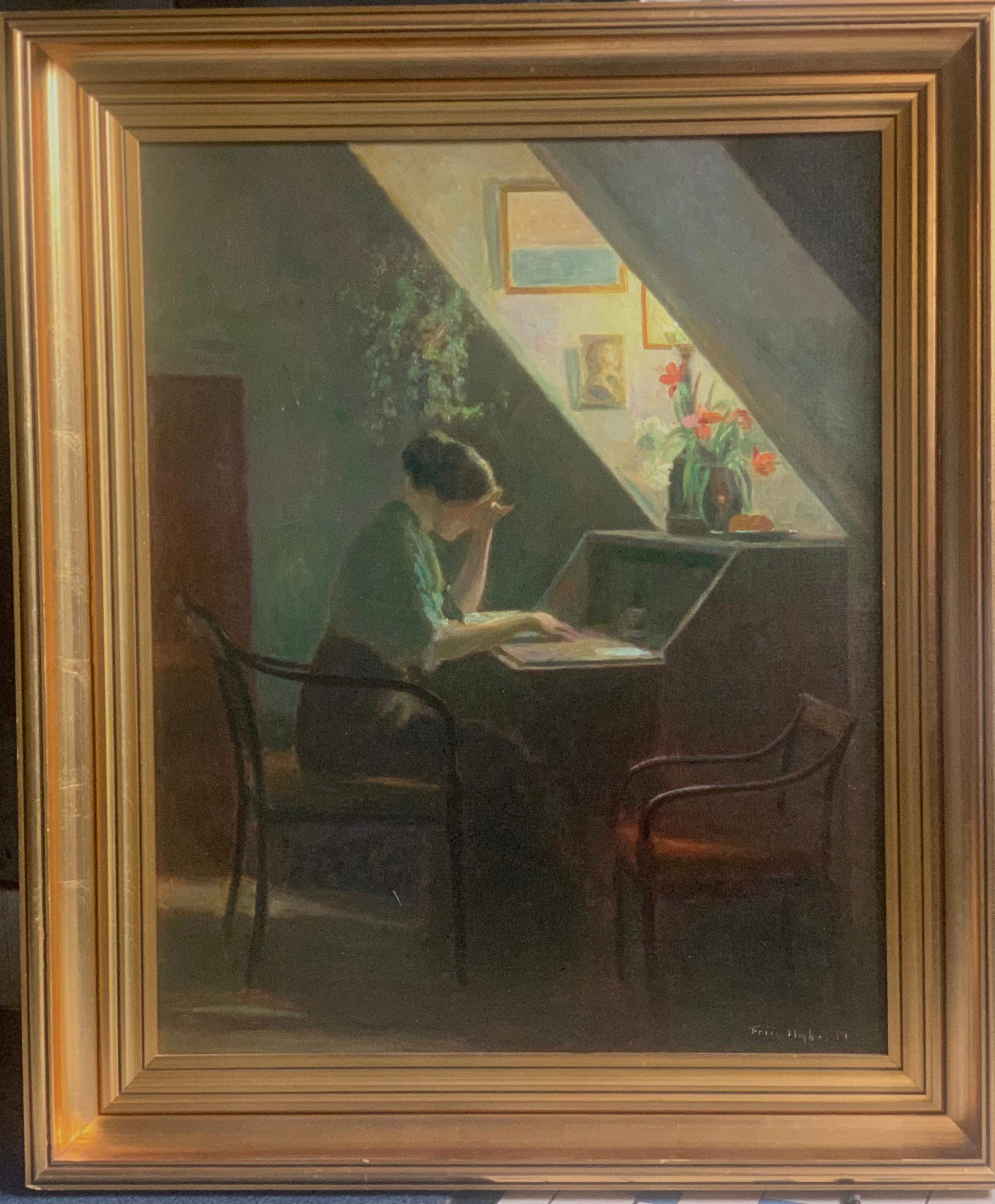 Poul Friis Nybo Interior Painting – Dänisches Interieur "Lesende Dame auf dem Dachboden", Öl,  Friis Nybo,  1914.Danish Sc.