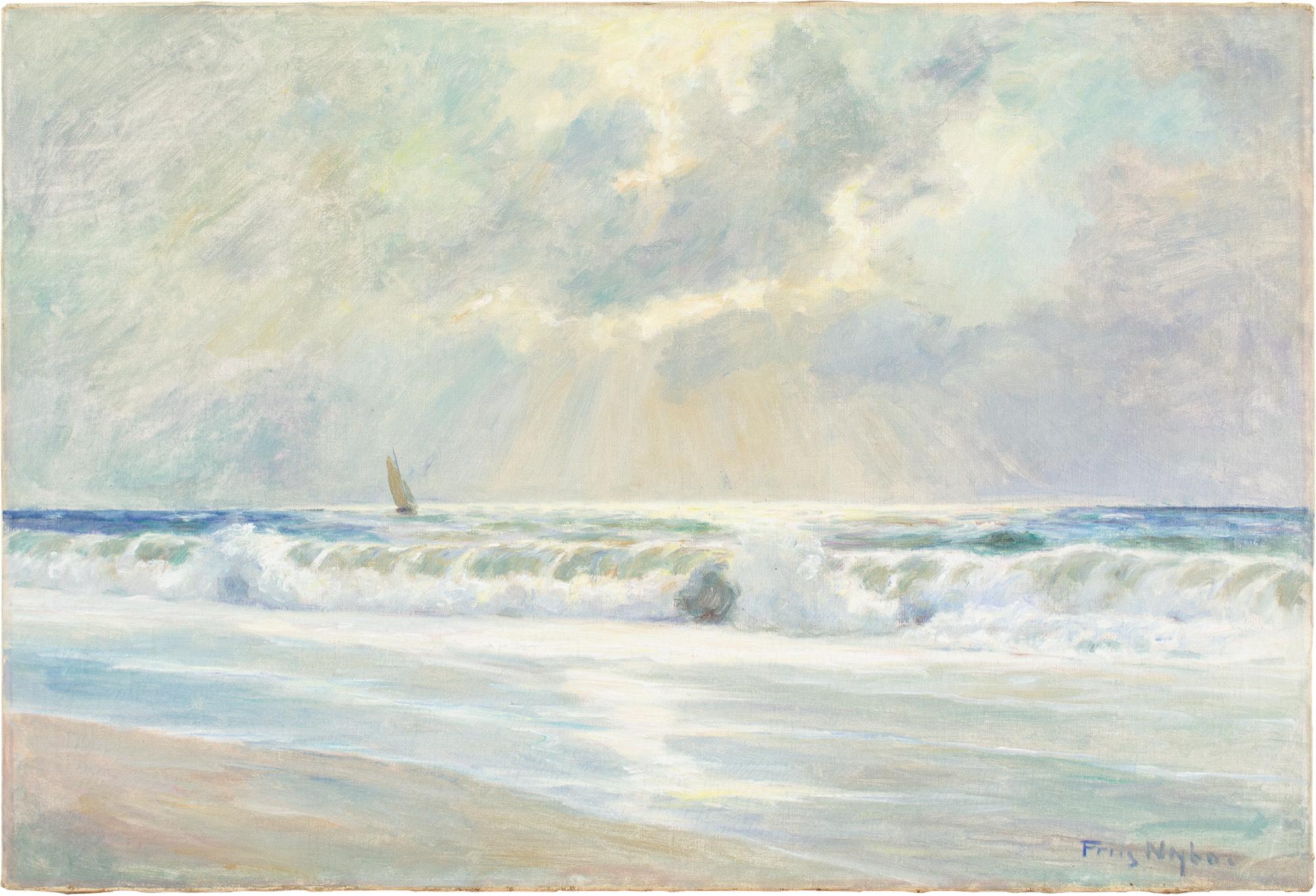 This early 20th-century oil painting by Danish artist Poul Friis Nybo (1847-1932) depicts breaking waves on the coast of North Zealand, Denmark.

Nybo painted this outside, standing by his easel on the sands at North Zealand. The sound of breakers