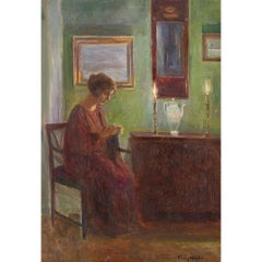 Poul Friis Nybo, Interior Scene With Woman Sewing, Oil Painting