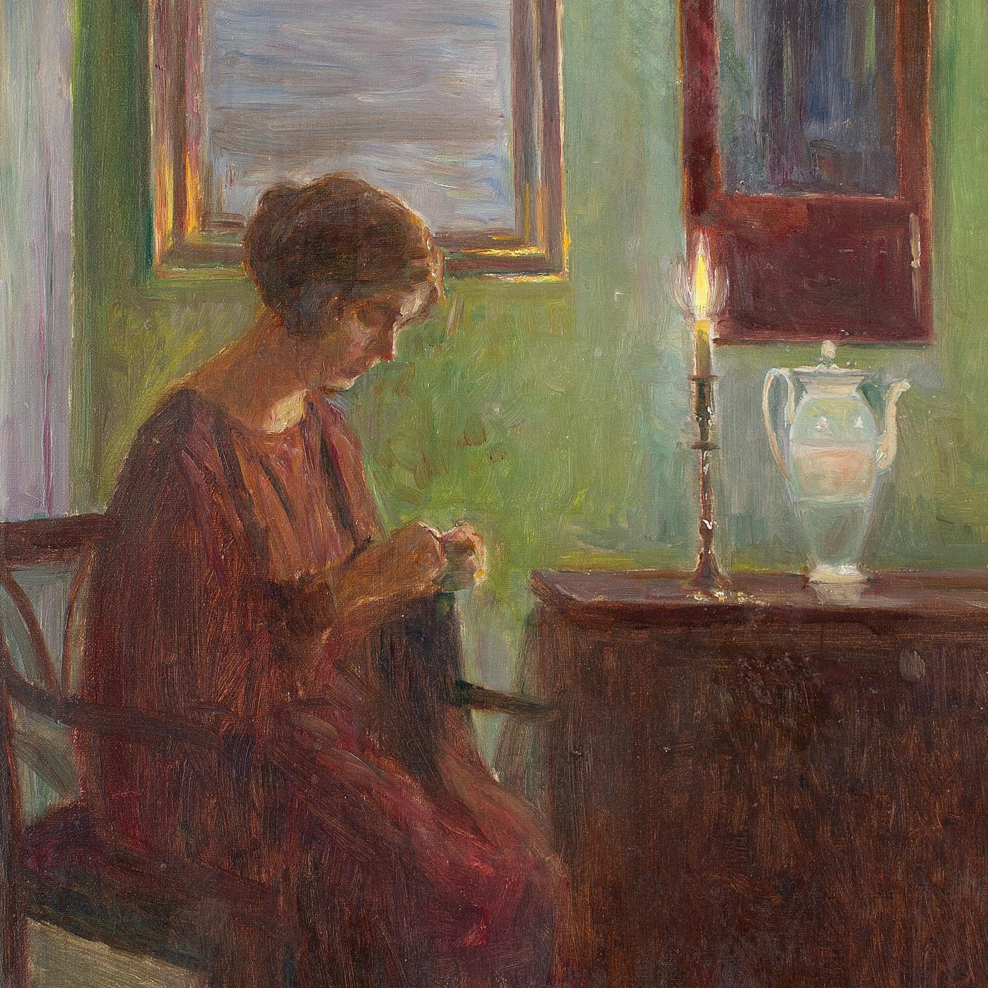 Poul Friis Nybo, Escena interior con mujer cosiendo, Pintura al óleo 4