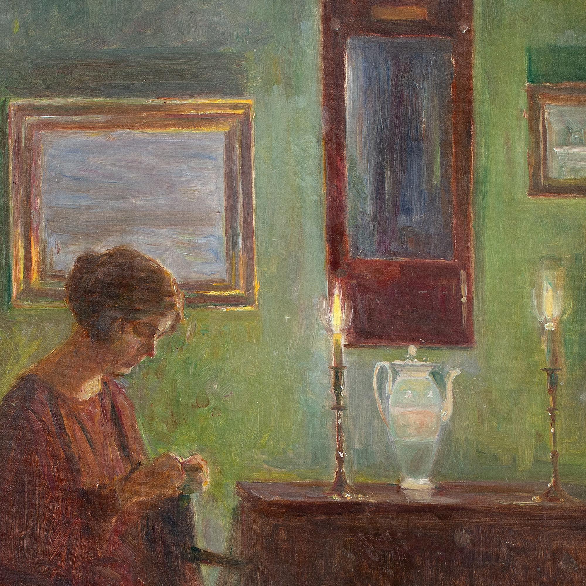 Poul Friis Nybo, Interior Scene With Woman Sewing, Oil Painting 5