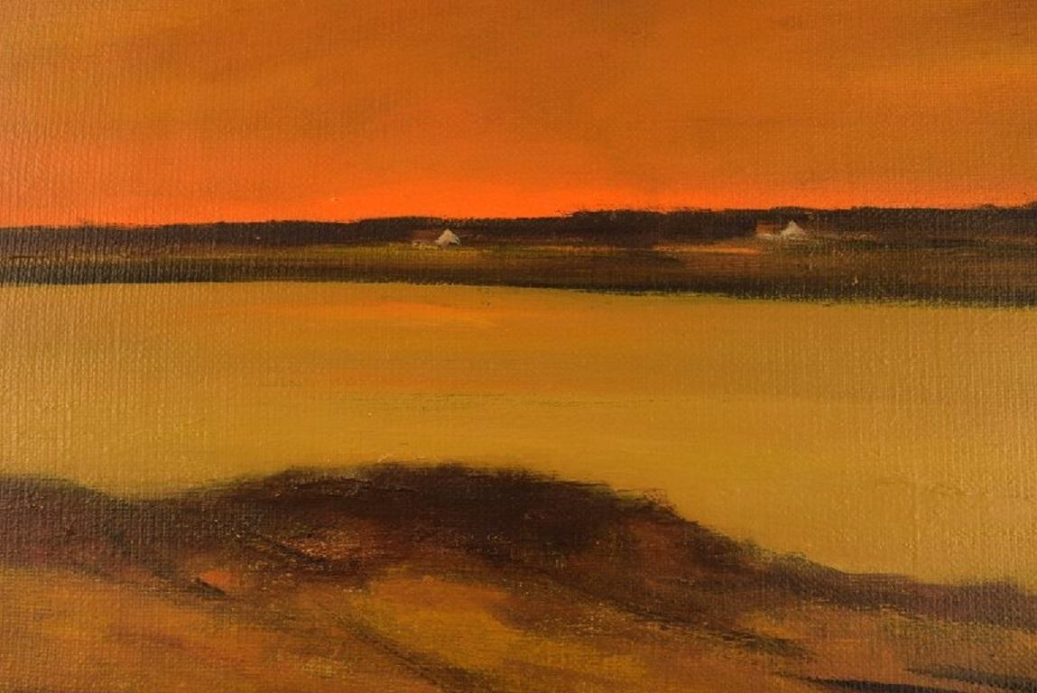 Suédois Poul Hansen, Danemark, Huile sur toile, Paysage avec coucher de soleil en vente