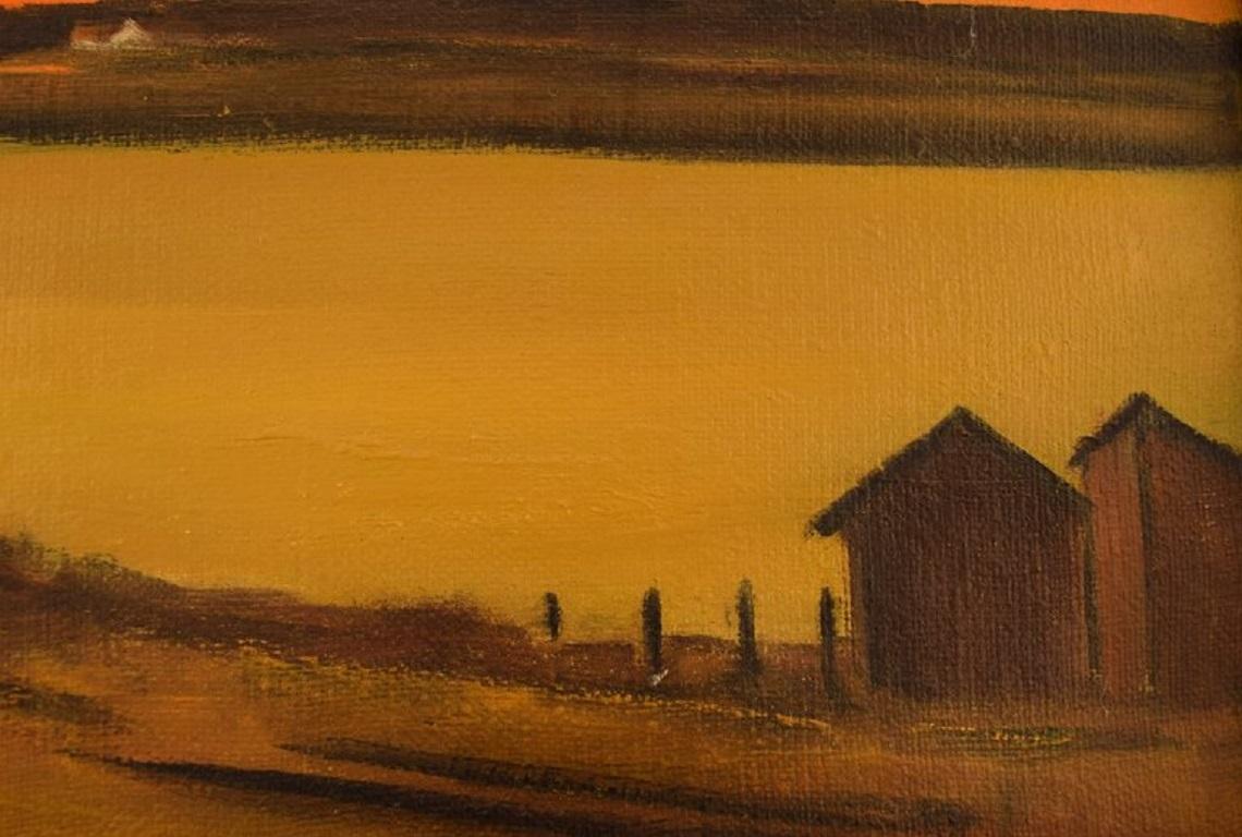 Poul Hansen, Dinamarca, Óleo sobre lienzo, Paisaje con puesta de sol en Excelente estado para la venta en Copenhagen, DK