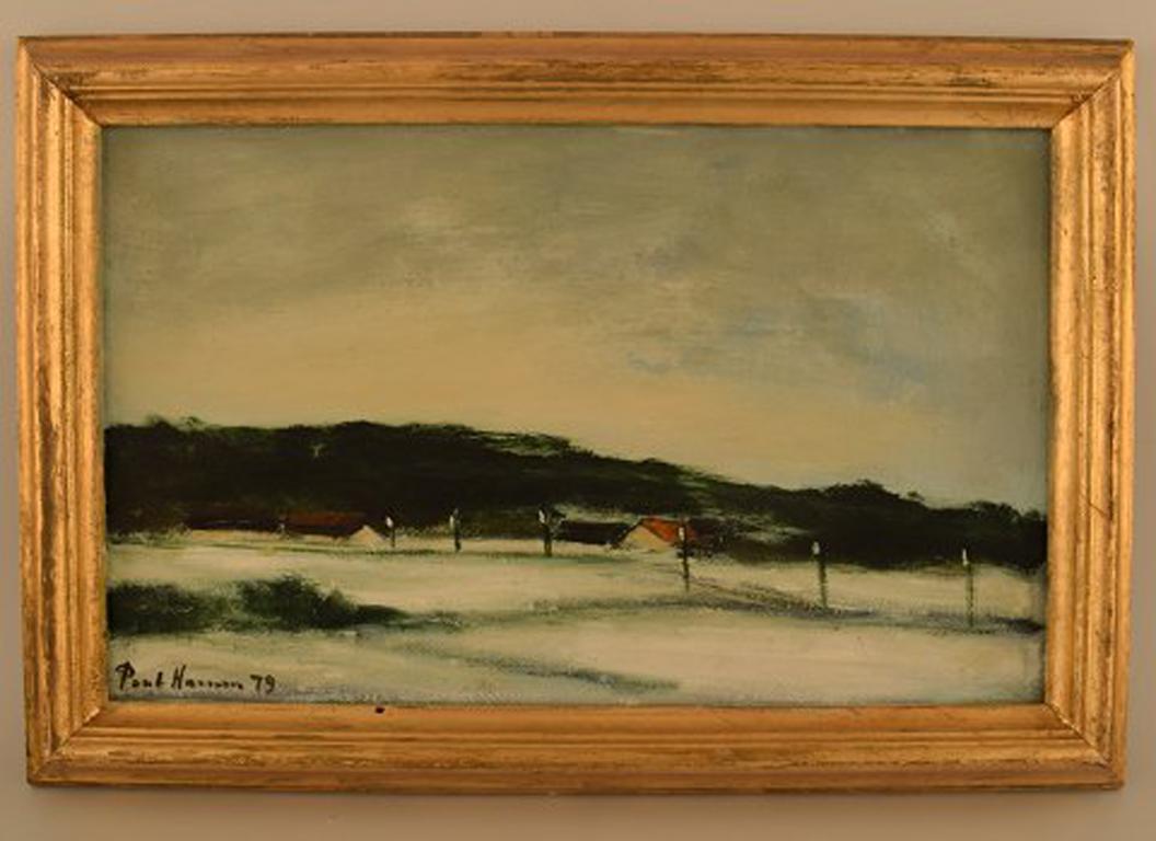 Poul Hansen 1918-1987. Oil on board. Landscape with houses in the background.
Signed Poul Hansen 79.
Measures: 36 cm x 22 cm. The frame measures 4.5 cm.
In very good condition.