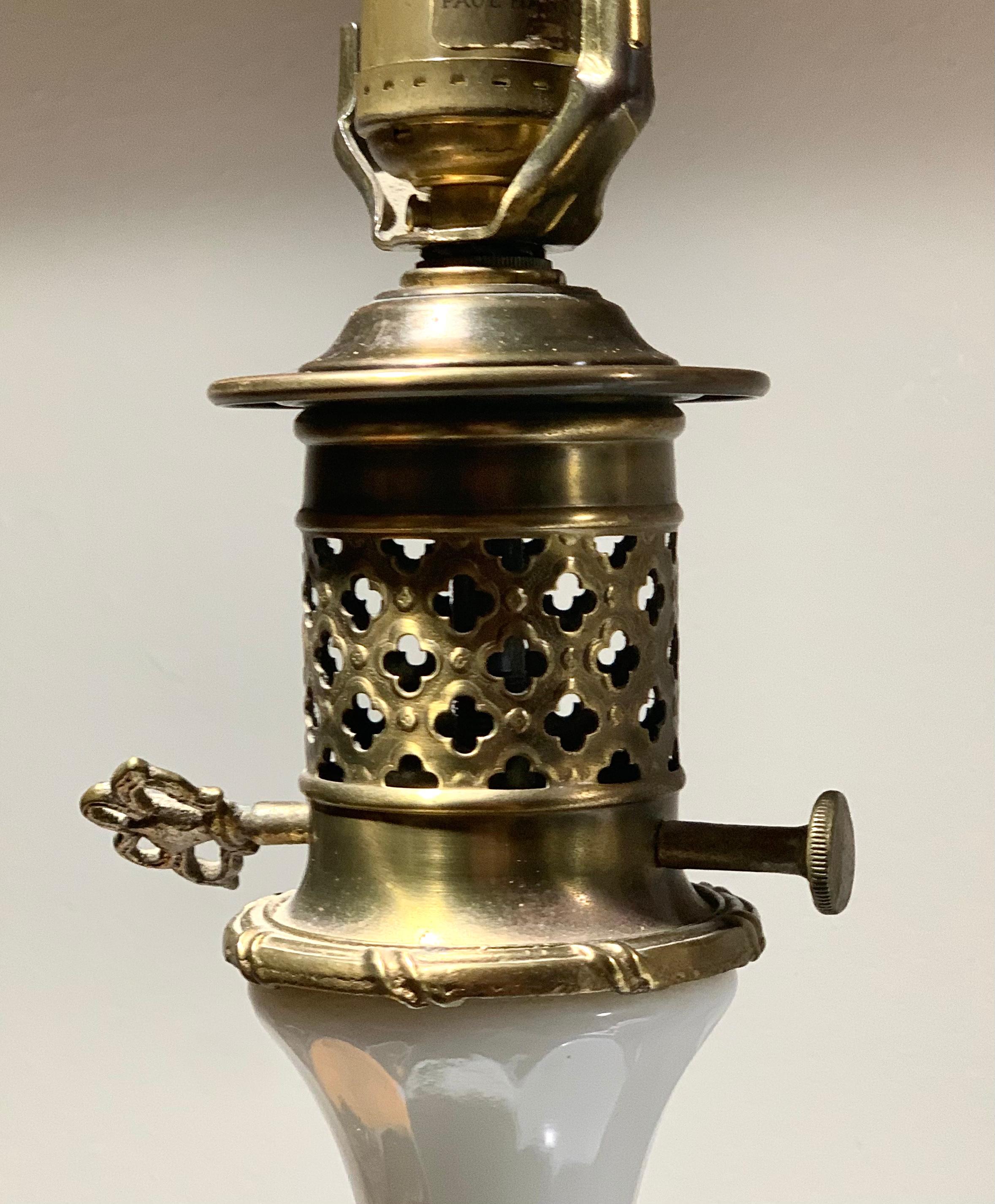 Poul Hansen Opaline Milk Glass Ormolu White Table Lamp, Pierced, Lattice Bronze 5