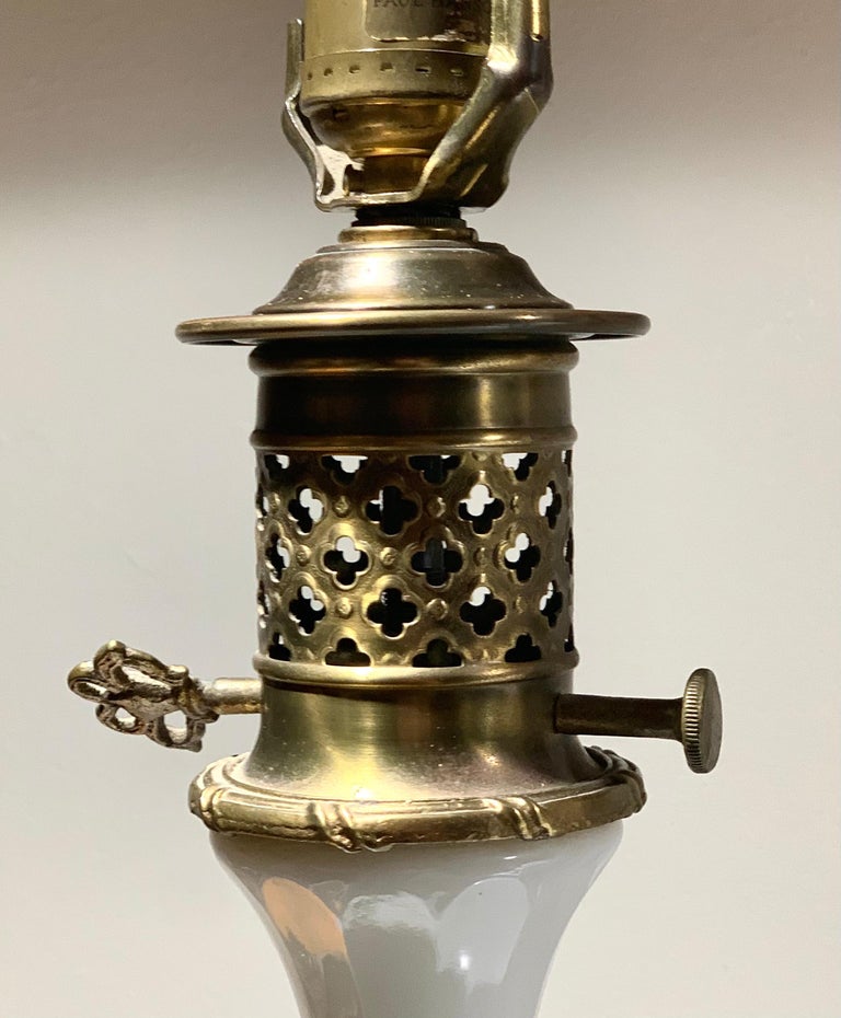 Poul Hansen Opaline Milk Glass Ormolu White Table Lamp, Pierced, Lattice Bronze For Sale 4