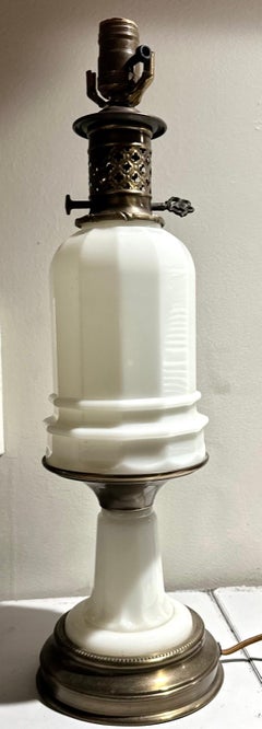 Poul Hansen Opaline Milk Glass Ormolu White Table Lamp, Pierced, Lattice Bronze