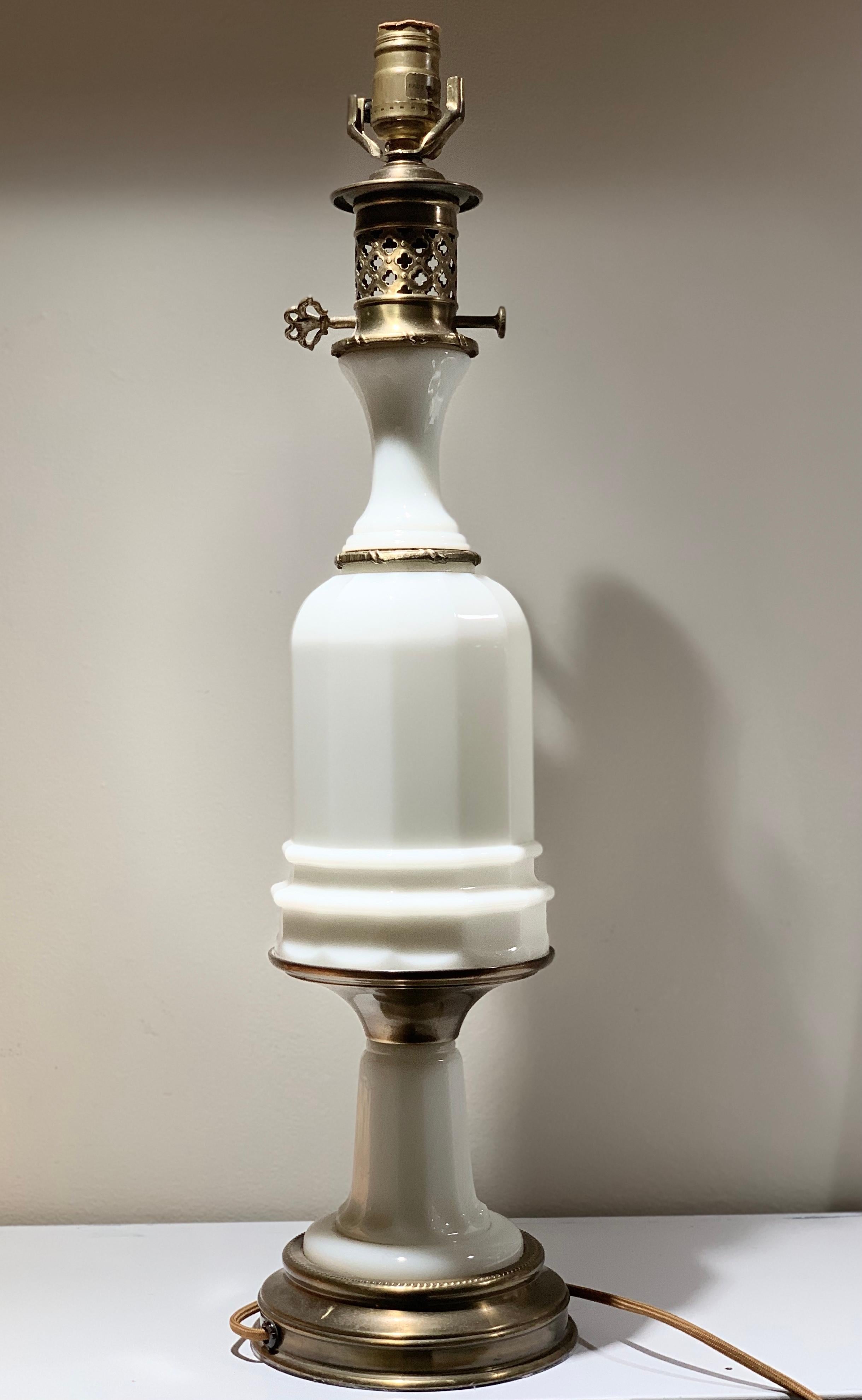 Hollywood Regency Poul Hansen Opaline Milk Glass Ormolu White Table Lamp, Pierced, Lattice Bronze