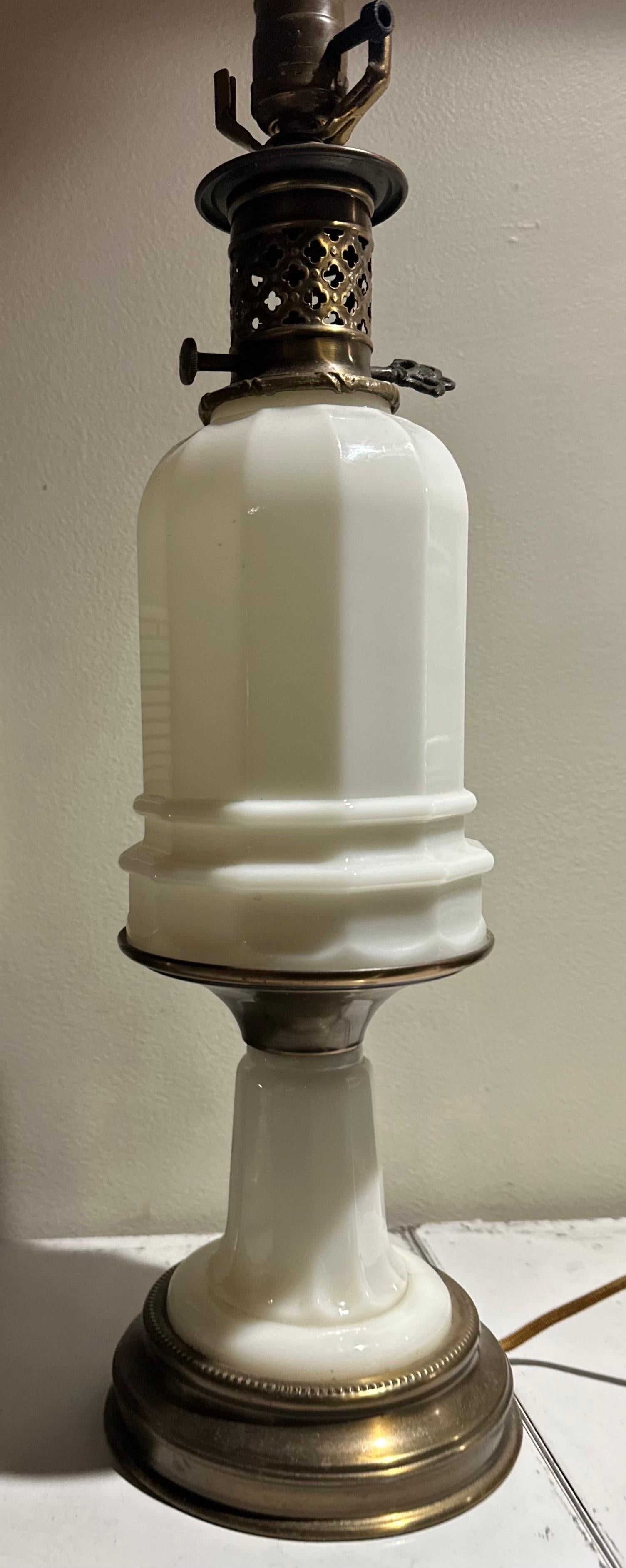 Hollywood Regency Poul Hansen Opaline Milk Glass Ormolu White Table Lamp, Pierced, Lattice Bronze For Sale