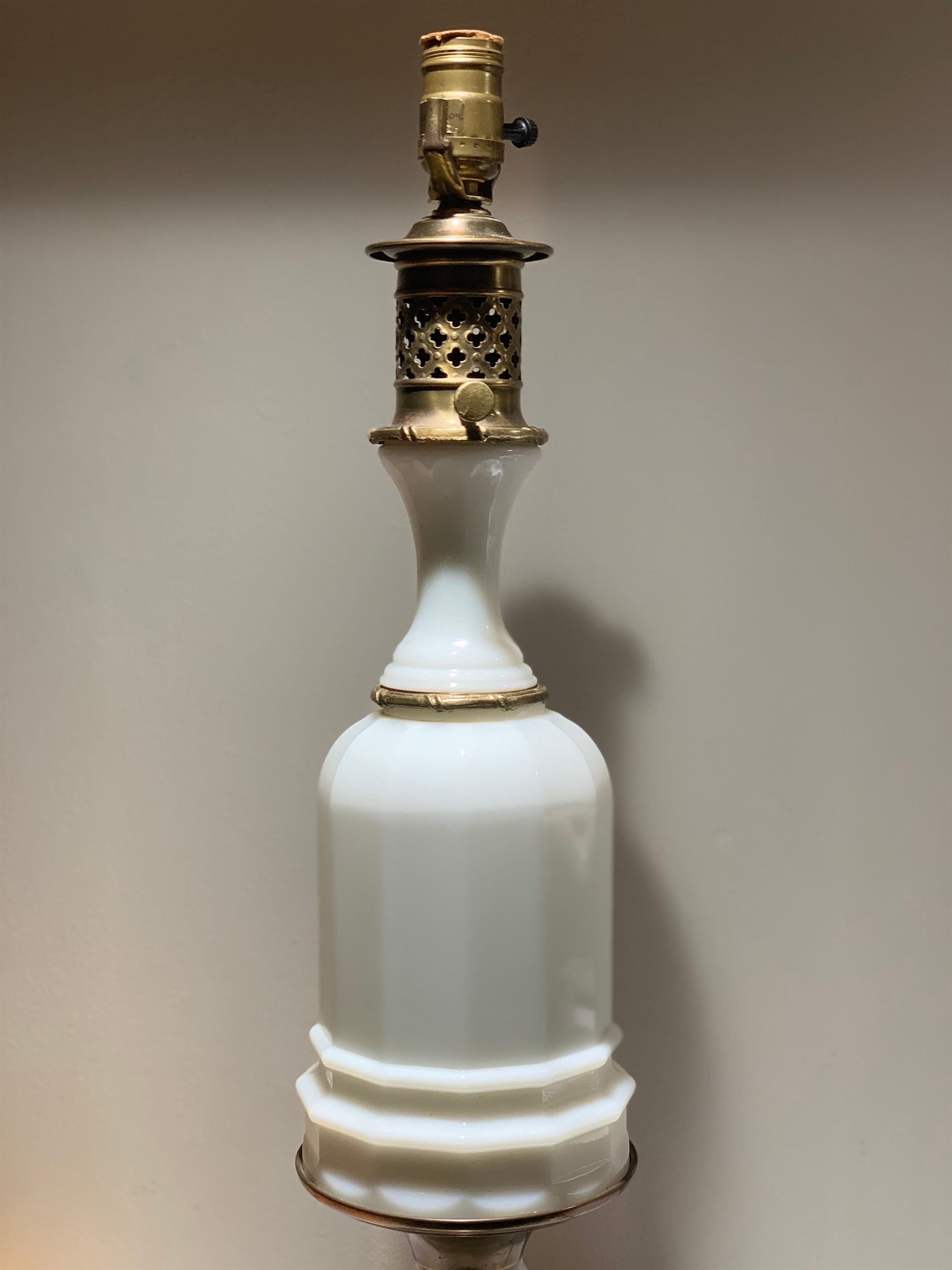 Unknown Poul Hansen Opaline Milk Glass Ormolu White Table Lamp, Pierced, Lattice Bronze