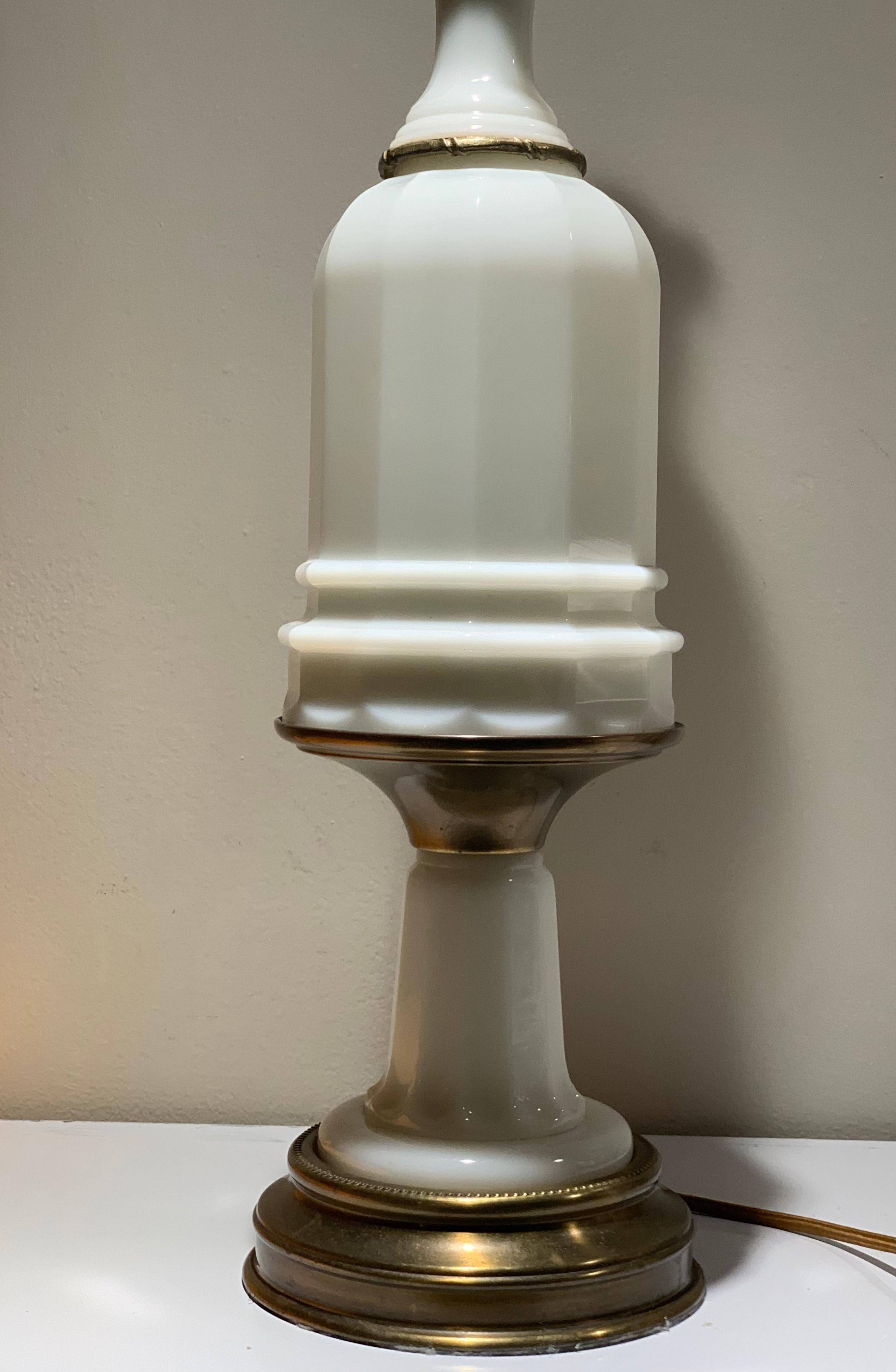 Poul Hansen Opaline Milk Glass Ormolu White Table Lamp, Pierced, Lattice Bronze In Good Condition In Brooklyn, NY