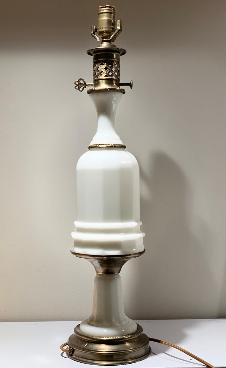 Poul Hansen Opaline Milk Glass Ormolu White Table Lamp, Pierced, Lattice Bronze In Good Condition For Sale In Brooklyn, NY