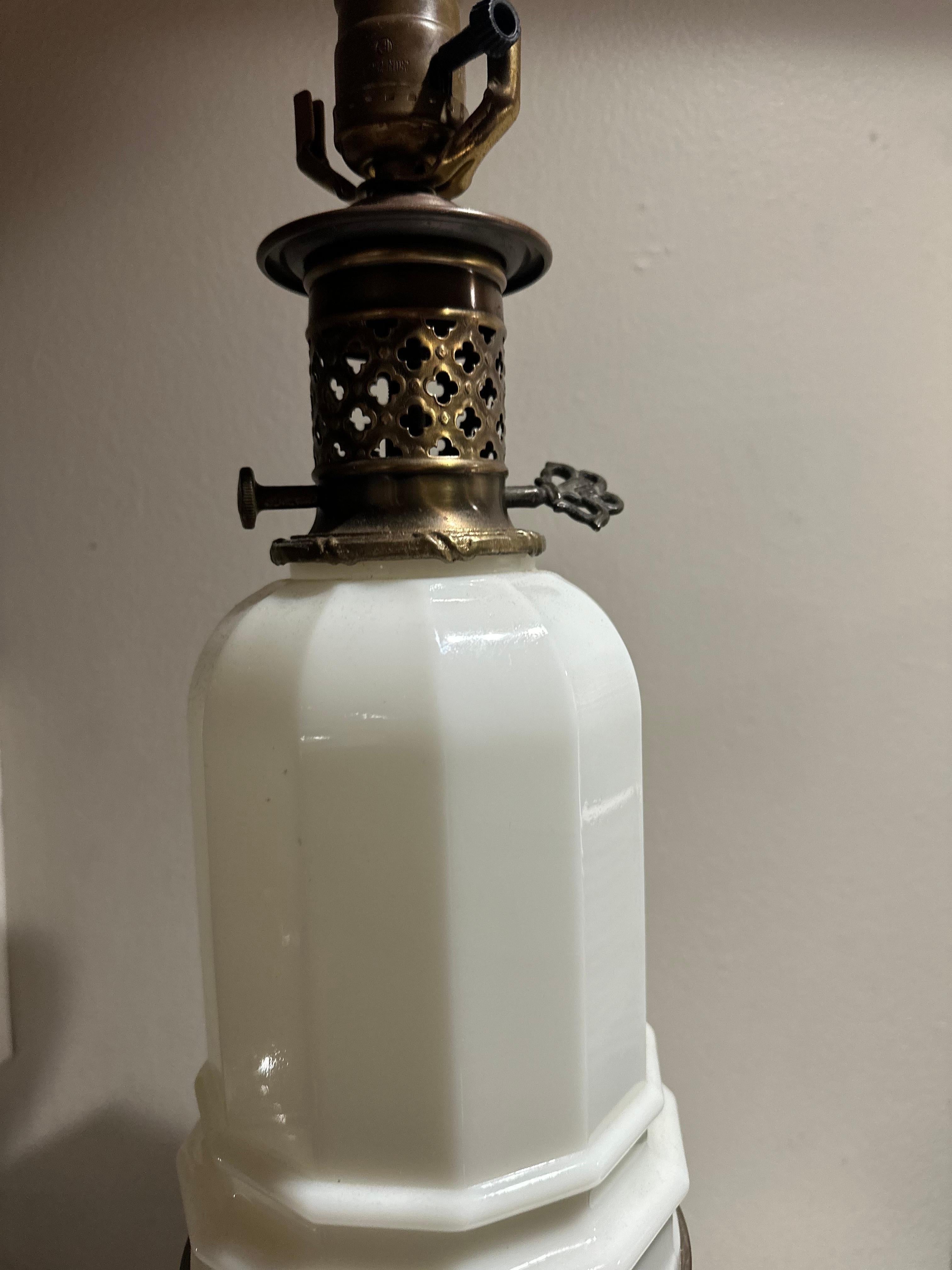 Poul Hansen Opaline Milk Glass Ormolu White Table Lamp, Pierced, Lattice Bronze For Sale 1