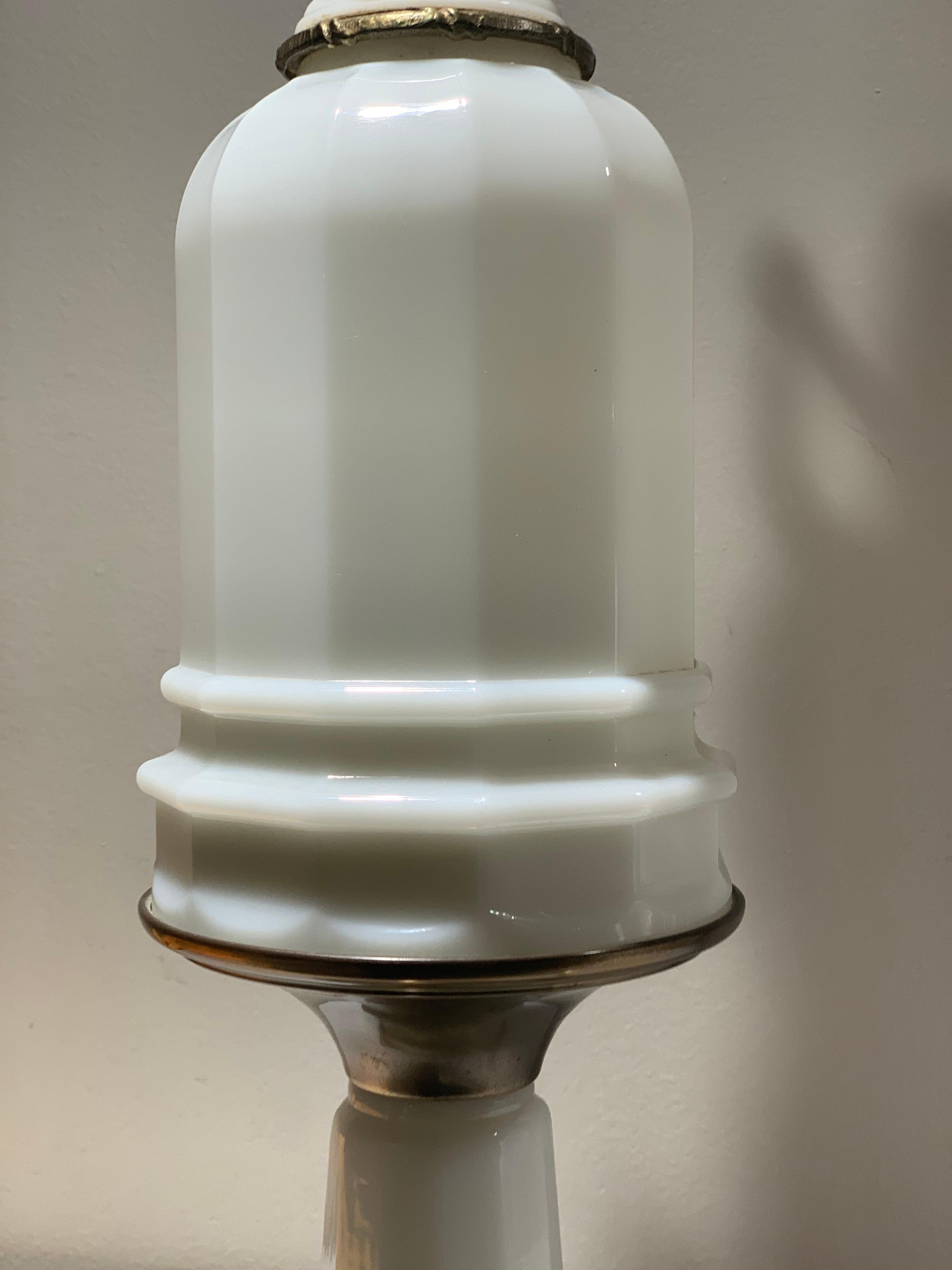 Poul Hansen Opaline Milk Glass Ormolu White Table Lamp, Pierced, Lattice Bronze 2