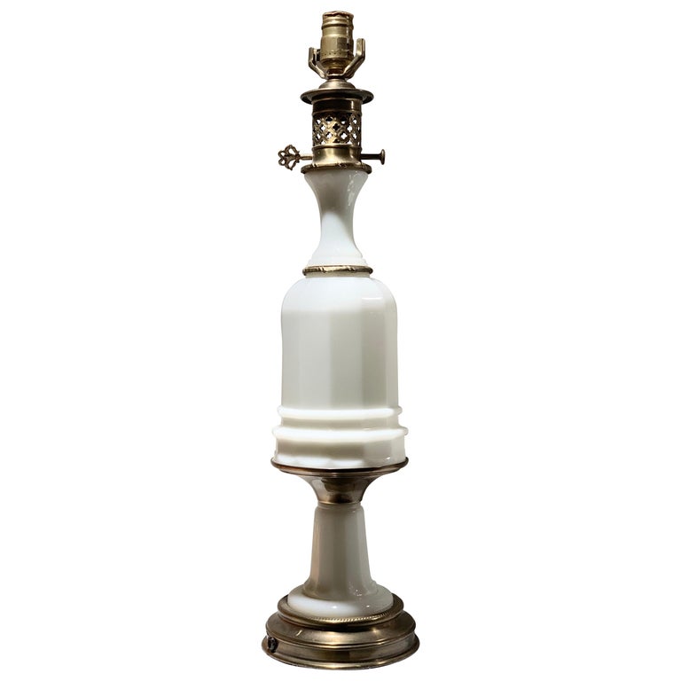Poul Hansen Opaline Milk Glass Ormolu White Table Lamp, Pierced, Lattice Bronze For Sale