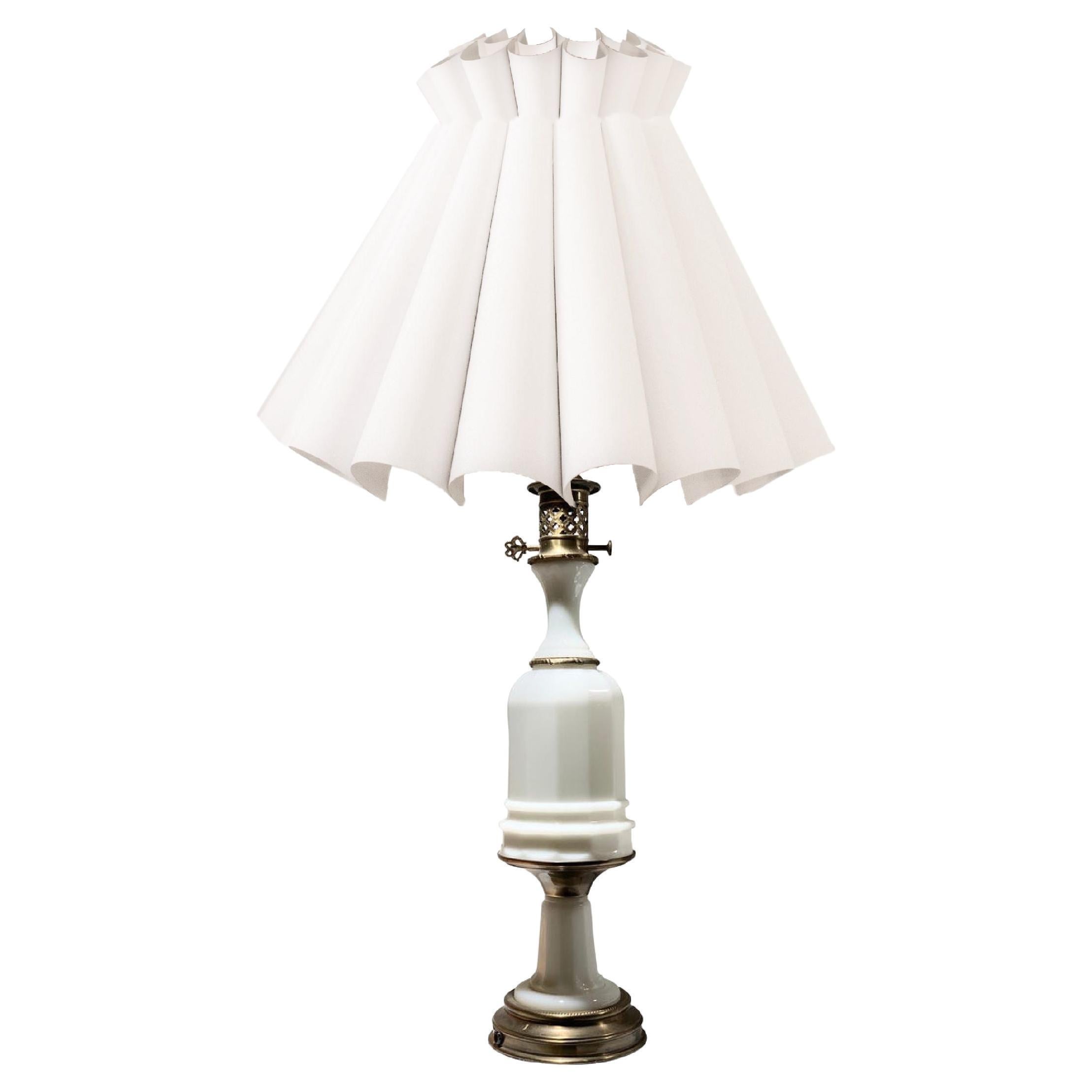 Poul Hansen Opaline Milk Glass Ormolu White Table Lamp, Pierced, Lattice Bronze