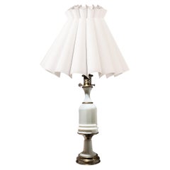 Poul Hansen Opaline Milk Glass Ormolu White Table Lamp, Pierced, Lattice Bronze