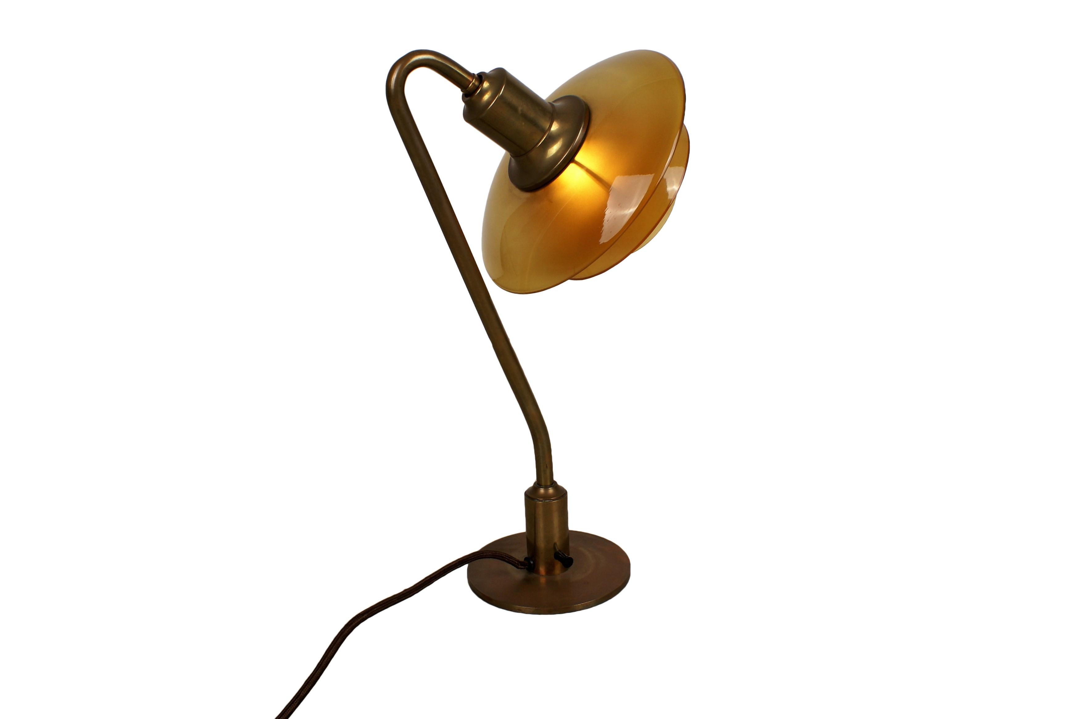 Danish Poul Henningsen 2/2 Snowdrop Desk Lamp in Brass with Amber Colored Glass, 1930s