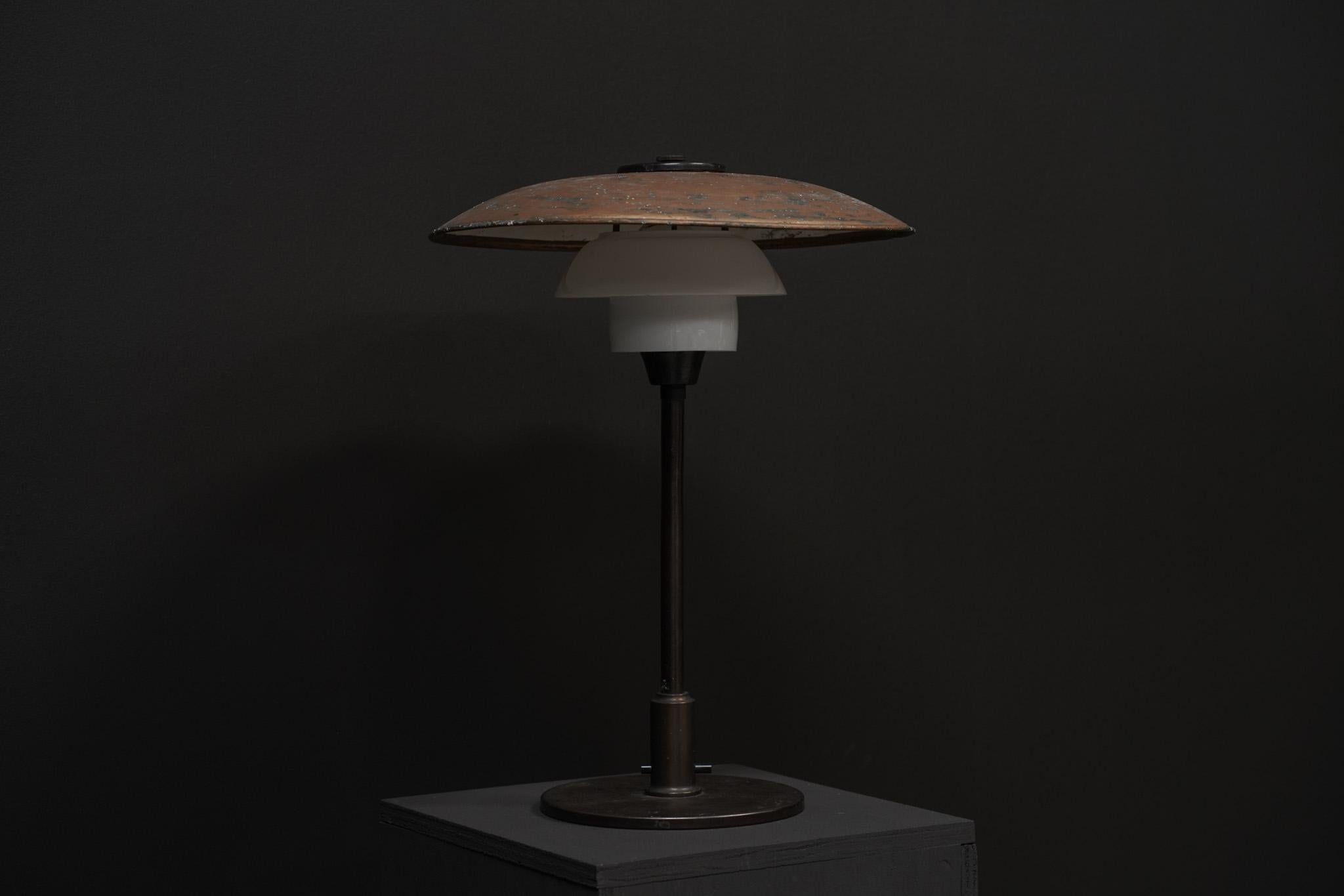 Danish Poul Henningsen 3/2 Glass and Copper Table Lamp For Sale