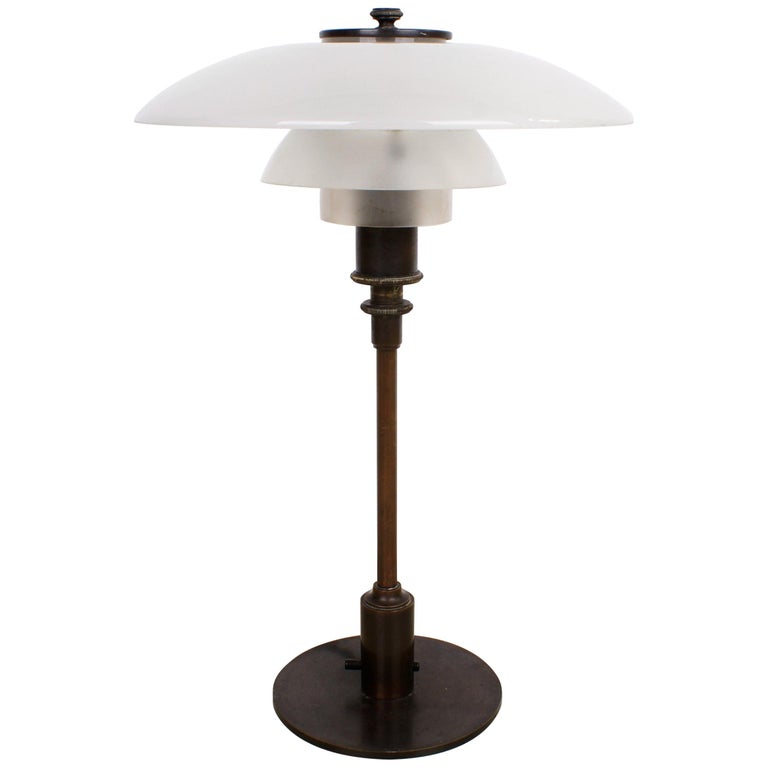 Poul Henningsen 3/2 Table Lamp in Brown Brass with Opaque Glass, 1926-1928  For Sale at 1stDibs | ph lampa original 1928, opaque lamp